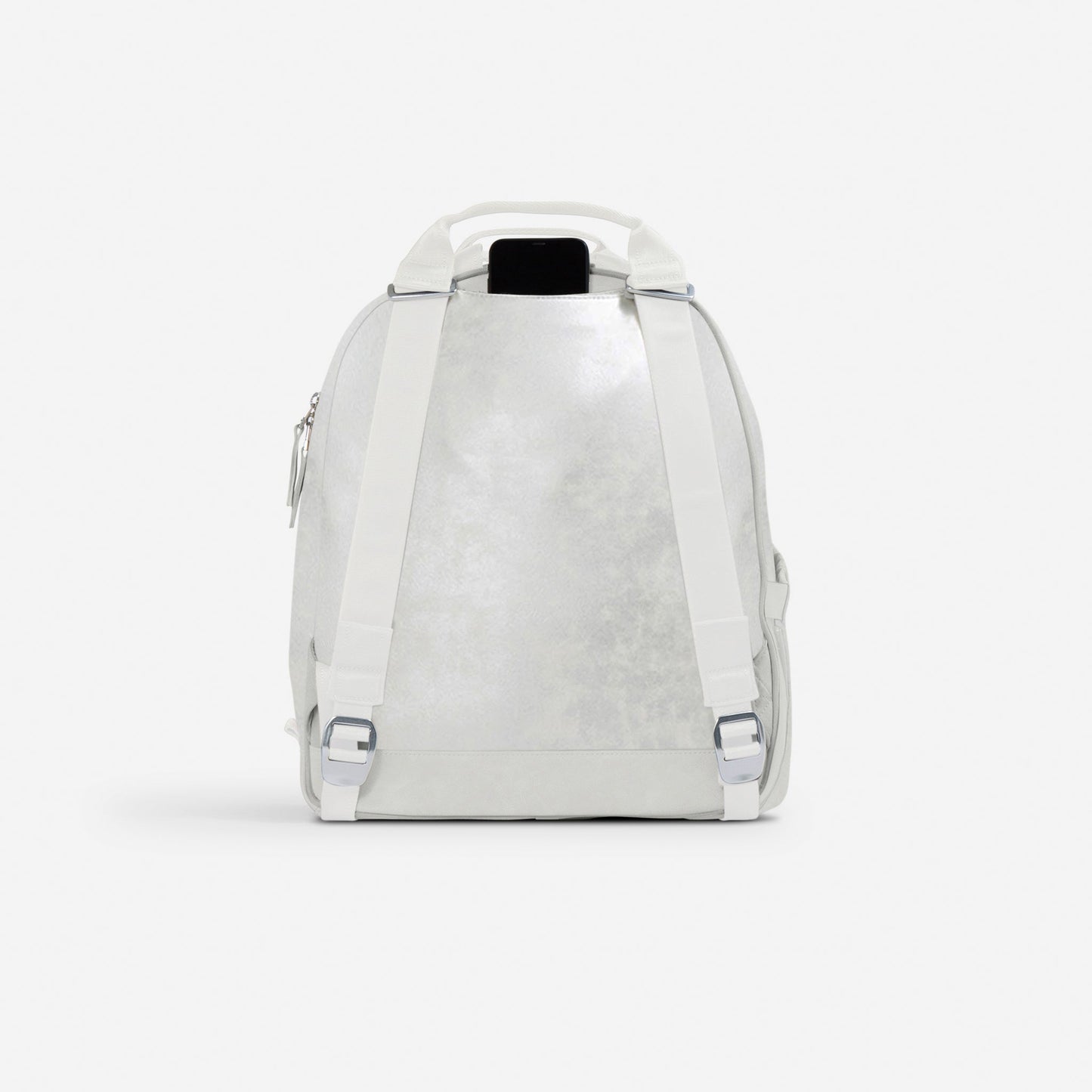 The MELBIE | Pickleball Backpack & Tote by Doubletake is displayed in minimalist light gray against a white background, featuring white adjustable straps, metal buckles, a top handle, and a smooth back with no logos or designs.