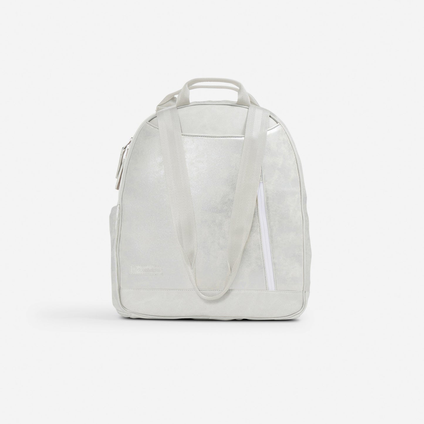 The MELBIE Pickleball Backpack & Tote by Doubletake is a minimalist white bag with two top handles, adjustable shoulder straps, a front diagonal zipper pocket, and a sleek modern look. Shown on a plain white background.