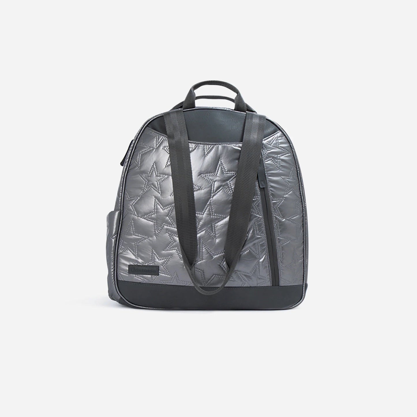 The Doubletake MELBOURNE Pickleball Backpack & Tote features metallic silver, water-resistant fabric, black adjustable straps and handles, a tip-free base, stitched star patterns on the front, and a small label—ideal for pickleball. Plain white background.