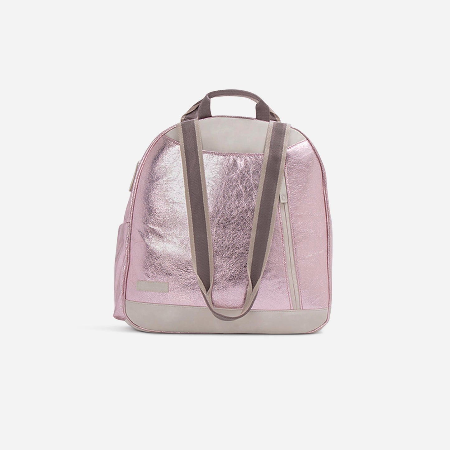 The MELBOURNE | Pickleball Backpack & Tote by Doubletake features a metallic pink, water-resistant finish with light gray accents, two adjustable straps, a top handle, a side pocket, and a glossy crinkled texture—all shown on a white background.