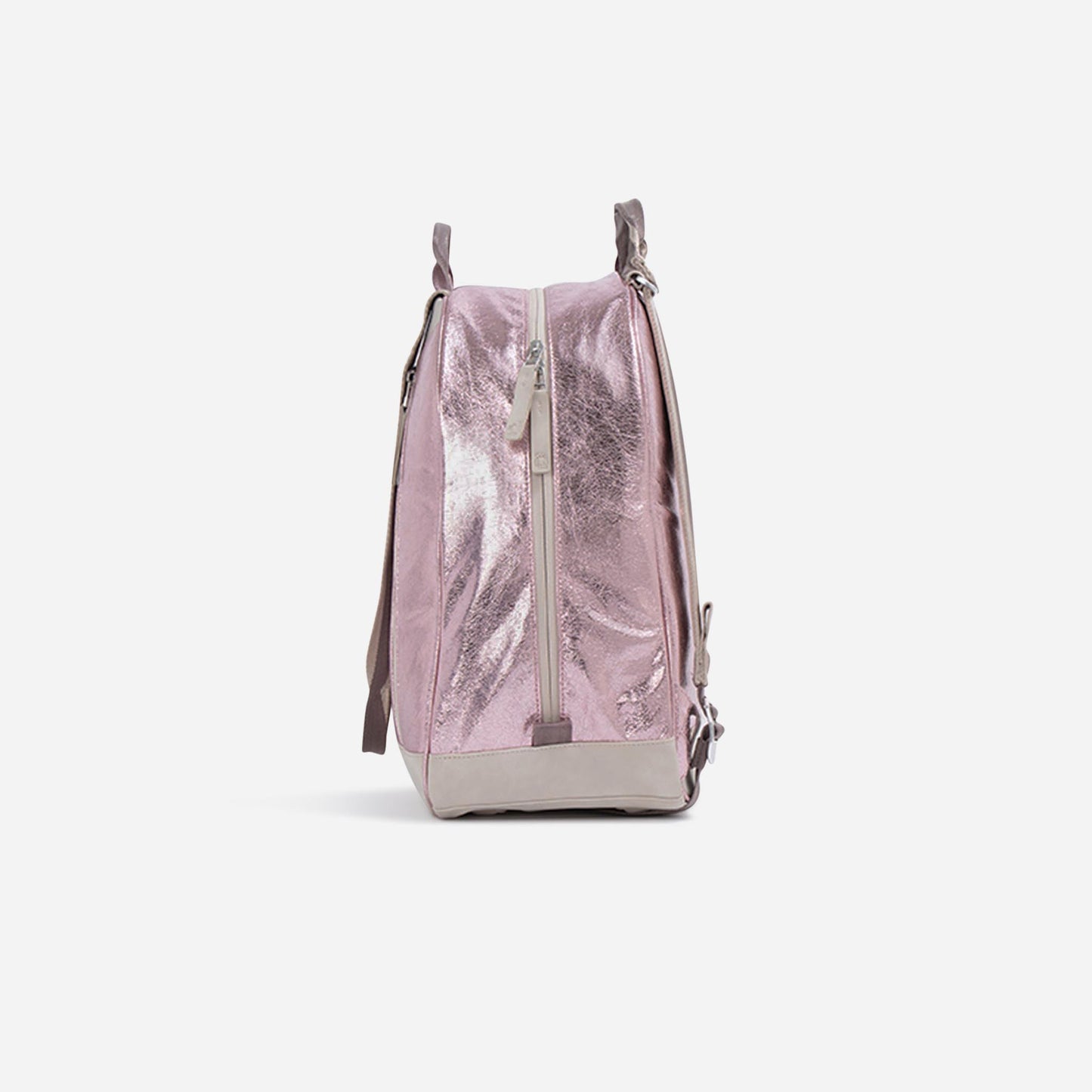 Side view of the Doubletake MELBOURNE Pickleball Backpack & Tote in metallic pink with water-resistant, shiny finish, top handle, adjustable straps, light beige accents, zippered compartment, and tip-free design on a white background.