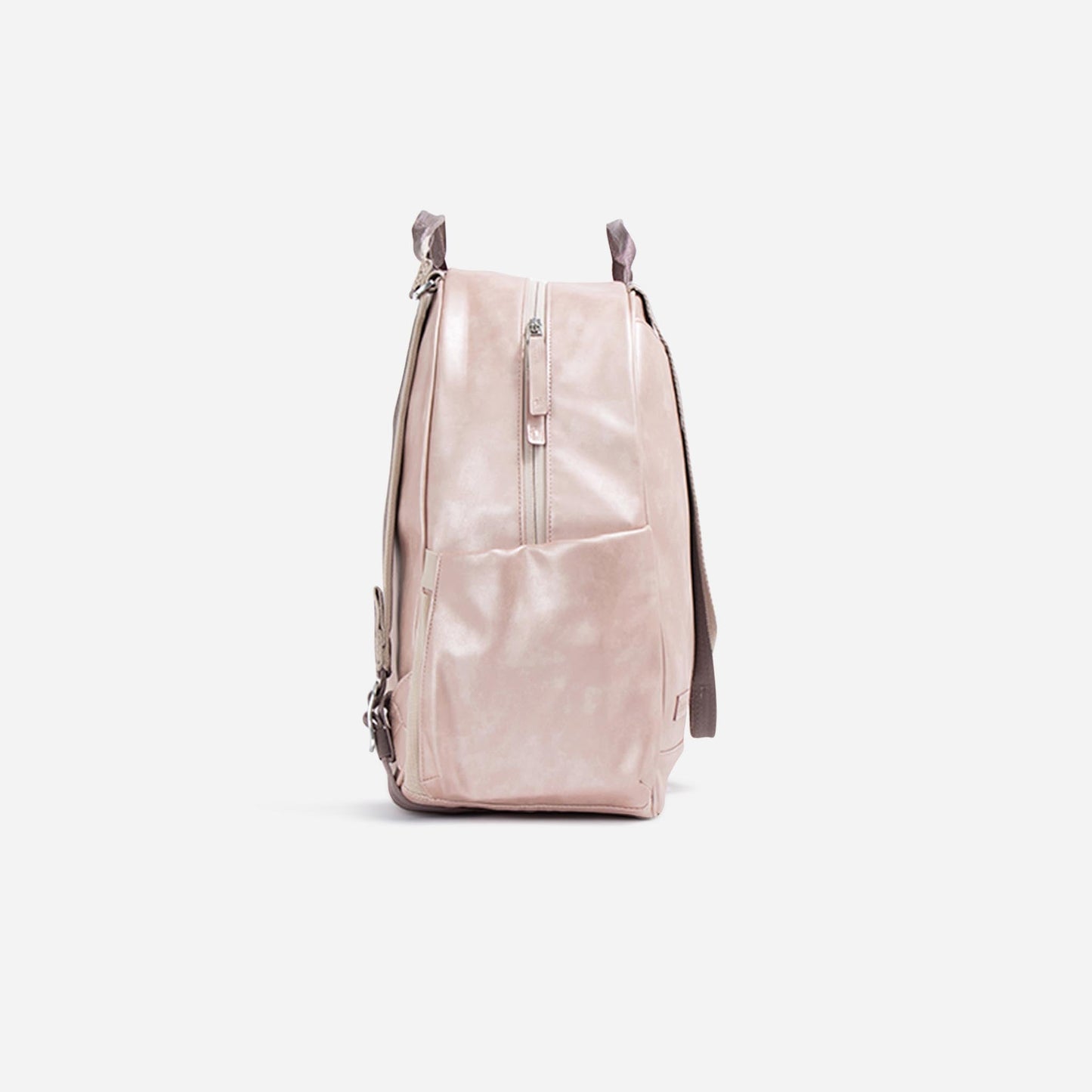 A side view of the Doubletake MELBOURNE Pickleball Backpack & Tote in glossy light pink with a front zipper pocket and brown adjustable shoulder strap, upright on a white background, showcases its sleek, water-resistant design.