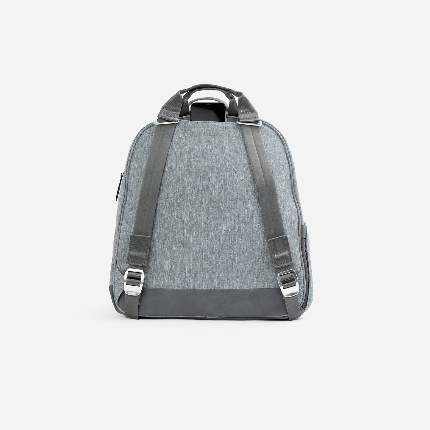 The MELBOURNE Pickleball Backpack & Tote by Doubletake is shown from the back against a white background. It features gray fabric, dark gray adjustable shoulder straps, silver buckles, a top handle, and a water-resistant reinforced bottom.
