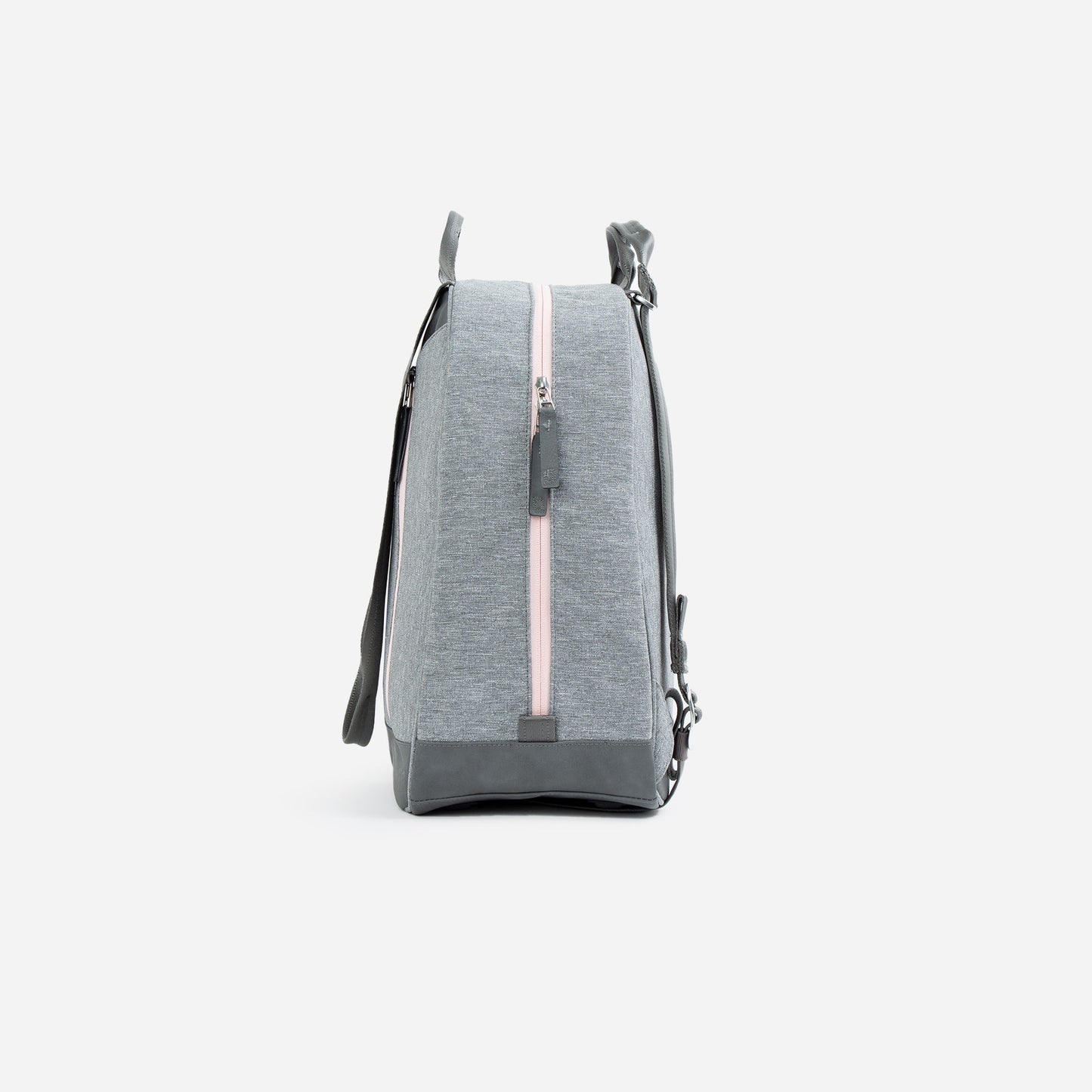 The Doubletake MELBOURNE | Pickleball Backpack & Tote is a light gray, water-resistant bag with a pink vertical center zipper, gray leather pull, and matching shoulder strap. Shown from the side on a plain white background.