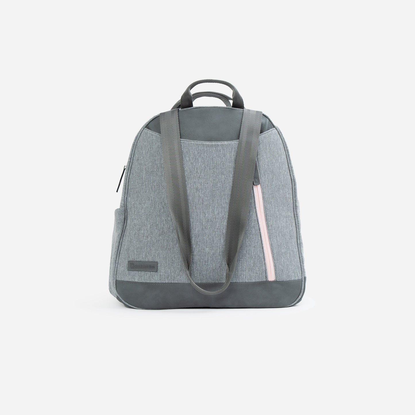 The MELBOURNE Pickleball Backpack & Tote by Doubletake features grey fabric, dark grey faux leather accents, dual top handles, adjustable shoulder straps, a diagonal pink zipper pocket, small logo patch, and a stable tip-free design on a white background.