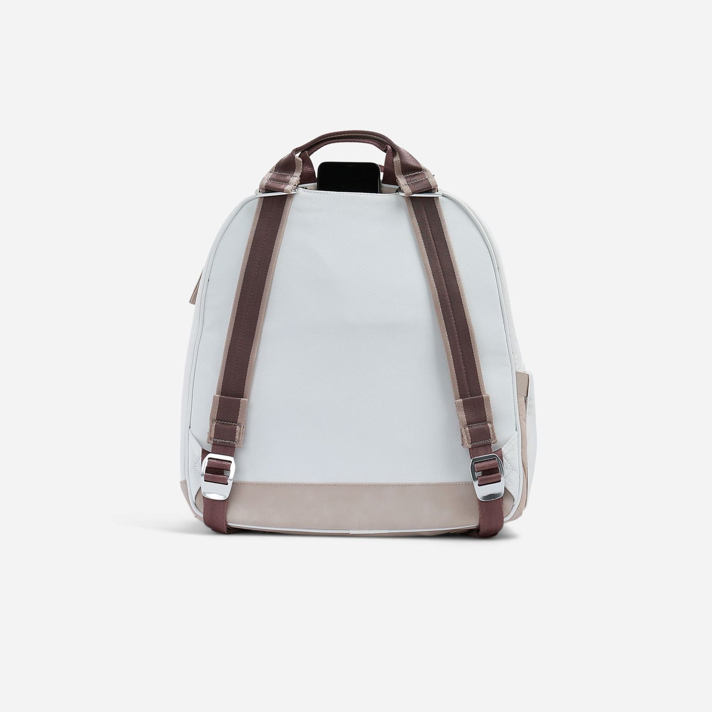 The MELBOURNE Pickleball Backpack & Tote by Doubletake stands upright against a white background, featuring a tip-free white design, adjustable brown straps with silver buckles, a water-resistant beige bottom accent, and a right side pocket.