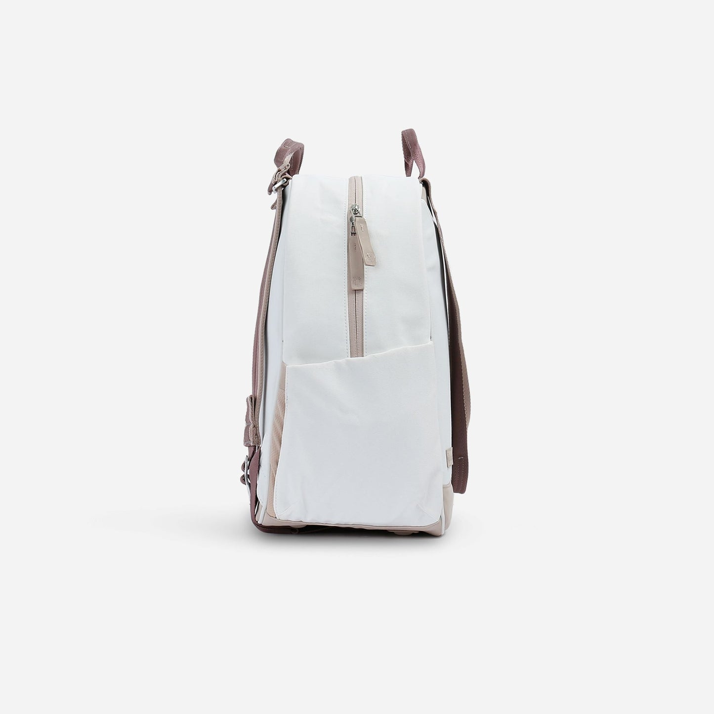 A side view of the Doubletake MELBOURNE Pickleball Backpack & Tote in white, featuring mauve and beige straps, a vertical front zipper pocket, and a side pocket. The plain white background highlights its sleek, tip-free design.