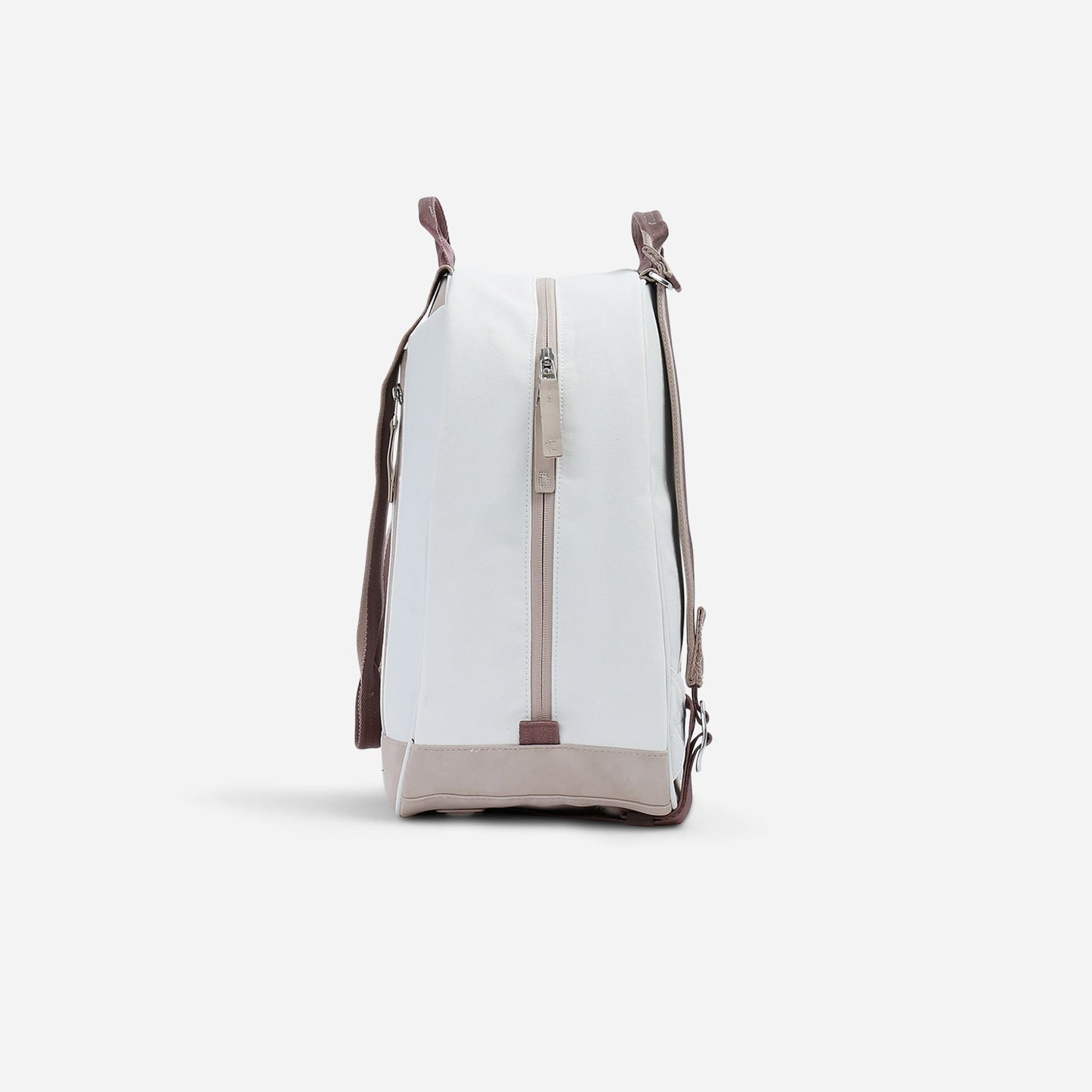 A side view of the Doubletake MELBOURNE Pickleball Backpack & Tote shows its rectangular white shape with a light beige base, brown handles, vertical zipper pocket, and tip-free design that keeps it upright against a plain white background.