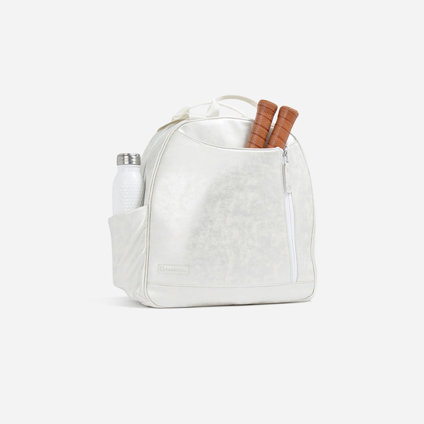 The Doubletake MELBOURNE Pickleball Backpack & Tote is a white, water-resistant bag with a tip-free design, front zipper pocket, room for two racquets and a silver bottle, displayed upright on a plain white background.