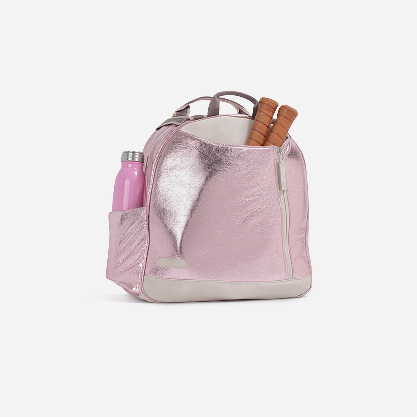 The Doubletake MELBOURNE Pickleball Backpack & Tote is a shiny pink metallic bag with white accents, a front zipper pocket, water-resistant finish, and side pocket holding a pink water bottle. Three wooden racket handles are visible. Plain white background.