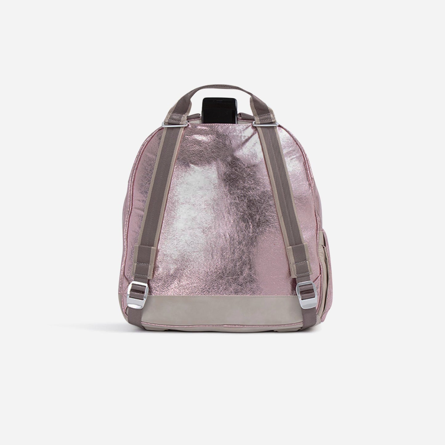 The MELBOURNE Pickleball Backpack & Tote by Doubletake features a metallic pink finish, adjustable beige straps, and a small top handle. Its shiny, tip-free design offers modern style, shown from the back against a plain white background.
