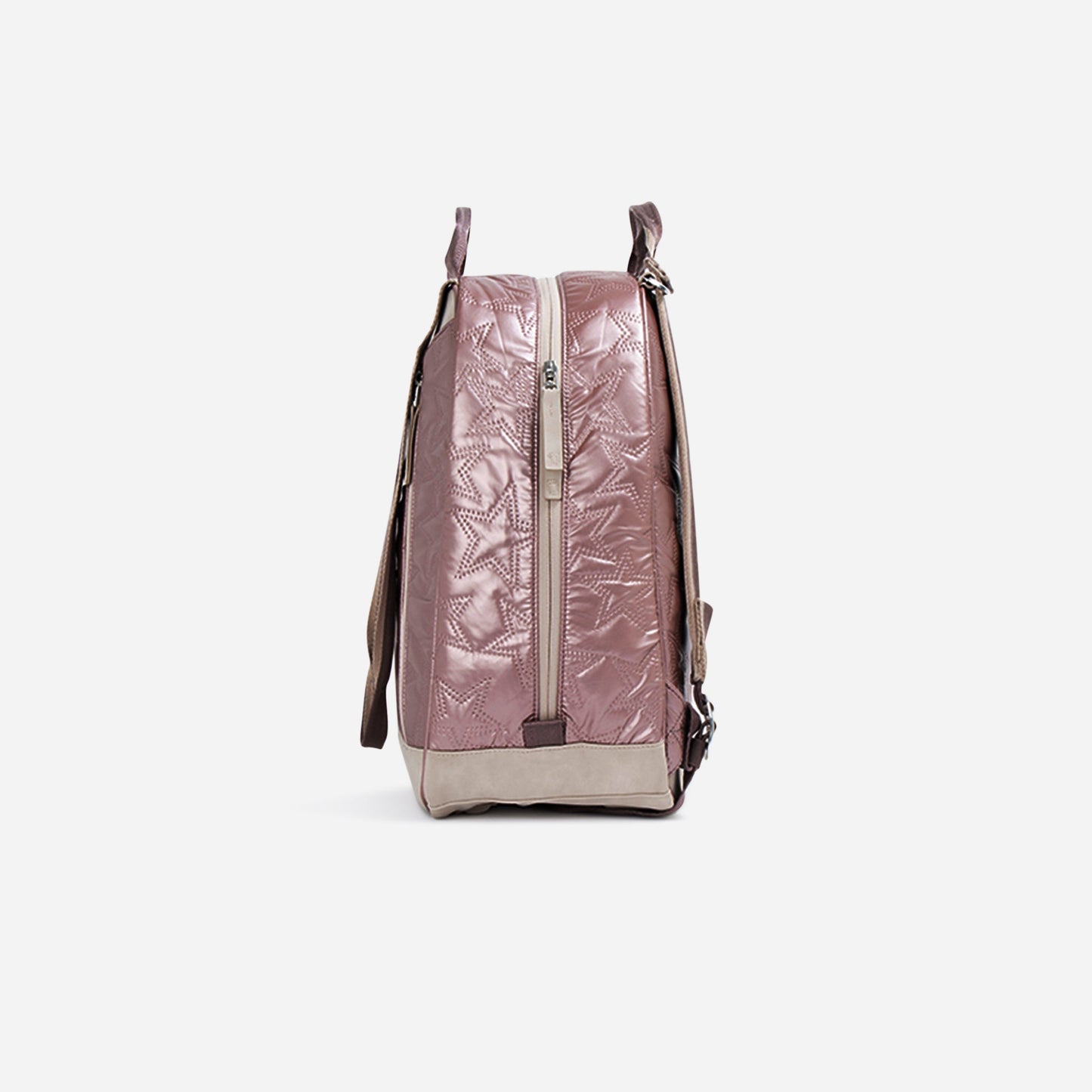 Side view of the Doubletake MELBOURNE Pickleball Backpack & Tote in mauve with a quilted glossy texture, stitched leaf patterns, water-resistant finish, light beige bottom and straps, and a vertical center zipper on a white background.