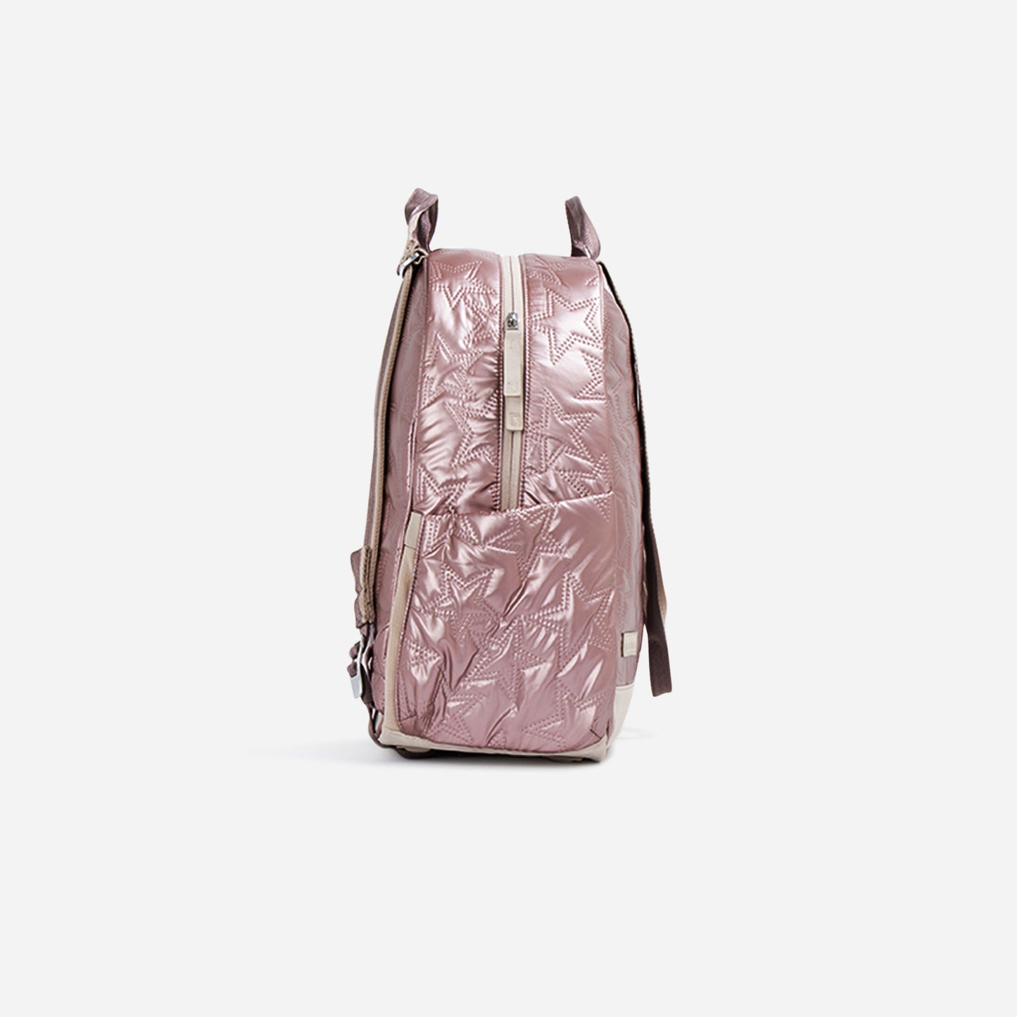 The Doubletake MELBOURNE Pickleball Backpack & Tote, in shiny light pink, stands upright side view on white. It features a textured geometric pattern, water-resistant material, vertical zipper pocket, adjustable straps, and top handle.