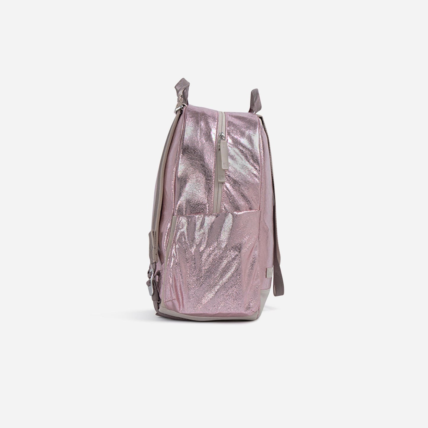The Doubletake MELBOURNE Pickleball Backpack & Tote in pink metallic is shown from the side on a white background, featuring a water-resistant, crinkled finish, top zipper, side pocket, and visible straps—a stylish bag for pickleball.
