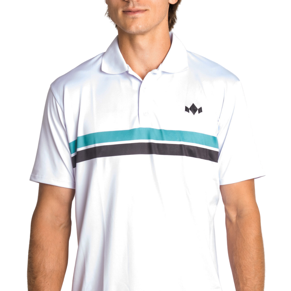A man, face partially out of frame, wears the Diadem Sports Men's Championship Polo featuring an athletic fit, teal and black chest stripe, small black geometric logo on the left chest, classic collar, short sleeves, and performance design.