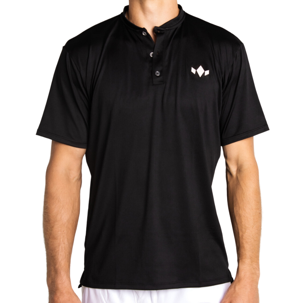 A man models Diadem Sports - Men's Essential Everyday Tops, a short-sleeve black button-up athletic shirt with a white geometric logo on the left chest, paired with white shorts, against a white background. His head is out of frame.