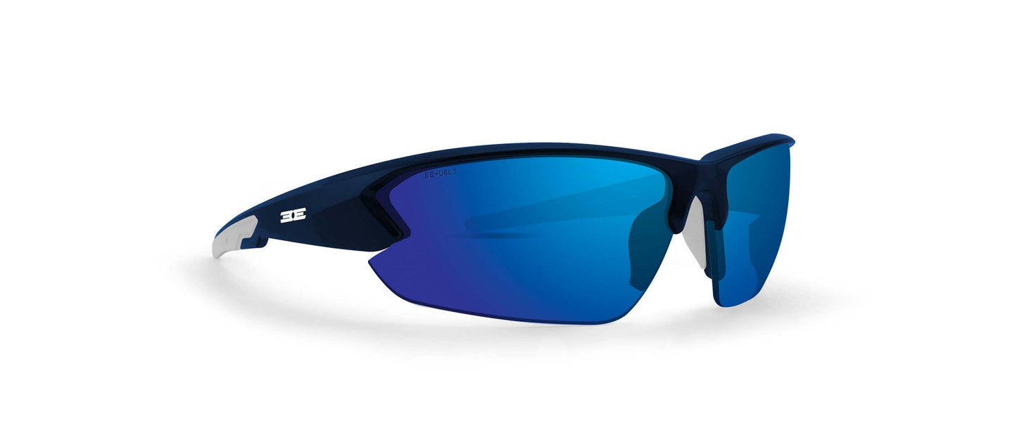 The Epoch Eyewear Midway sunglasses feature thick navy-blue frames, mirrored blue wraparound lenses, and wide temples for a modern, aerodynamic look—perfect tactical style against a white background.