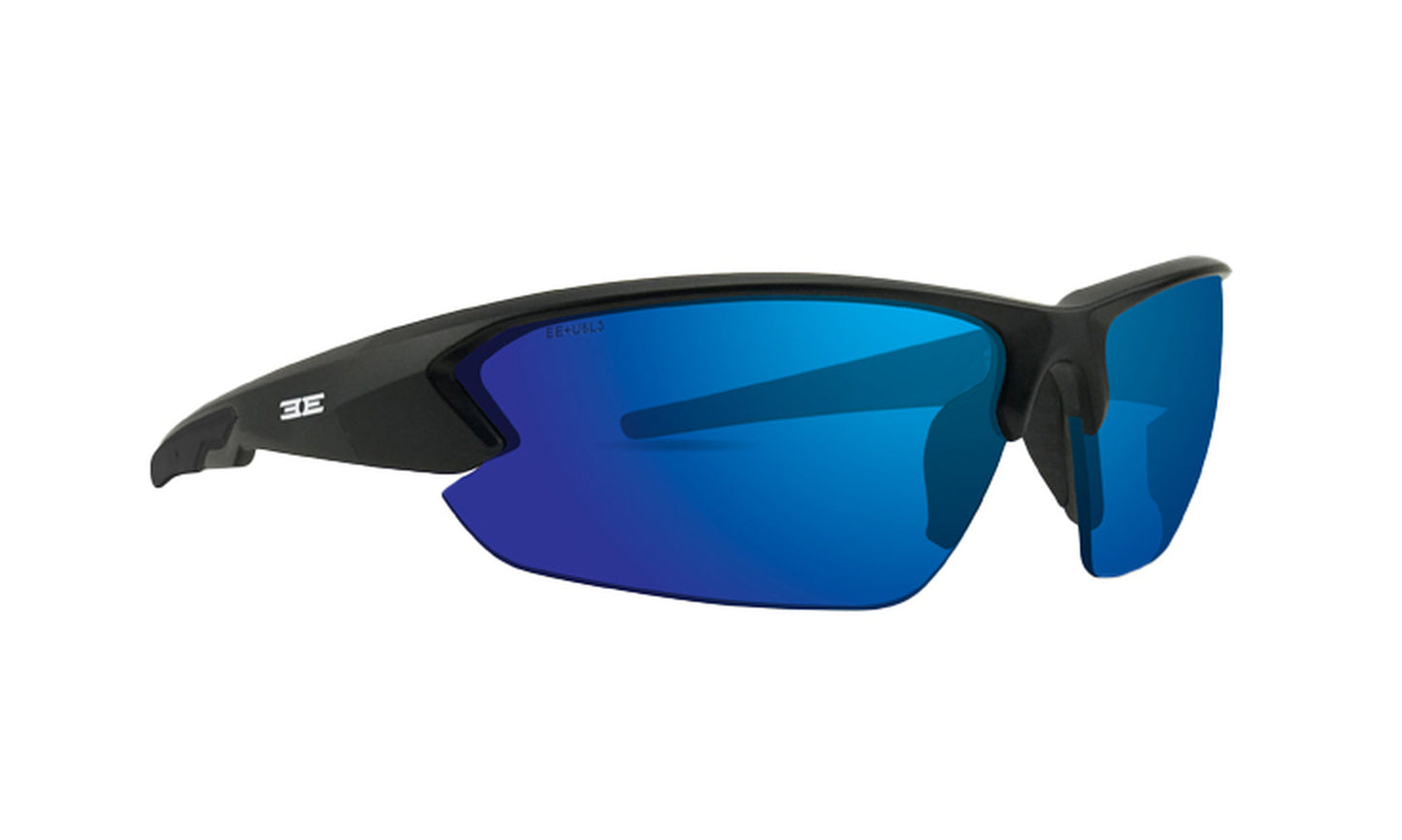 The Epoch Eyewear Midway sport sunglasses feature a black semi-rimless frame, reflective blue lenses, shatterproof technology, and a white logo on the left temple arm for stylish durability.