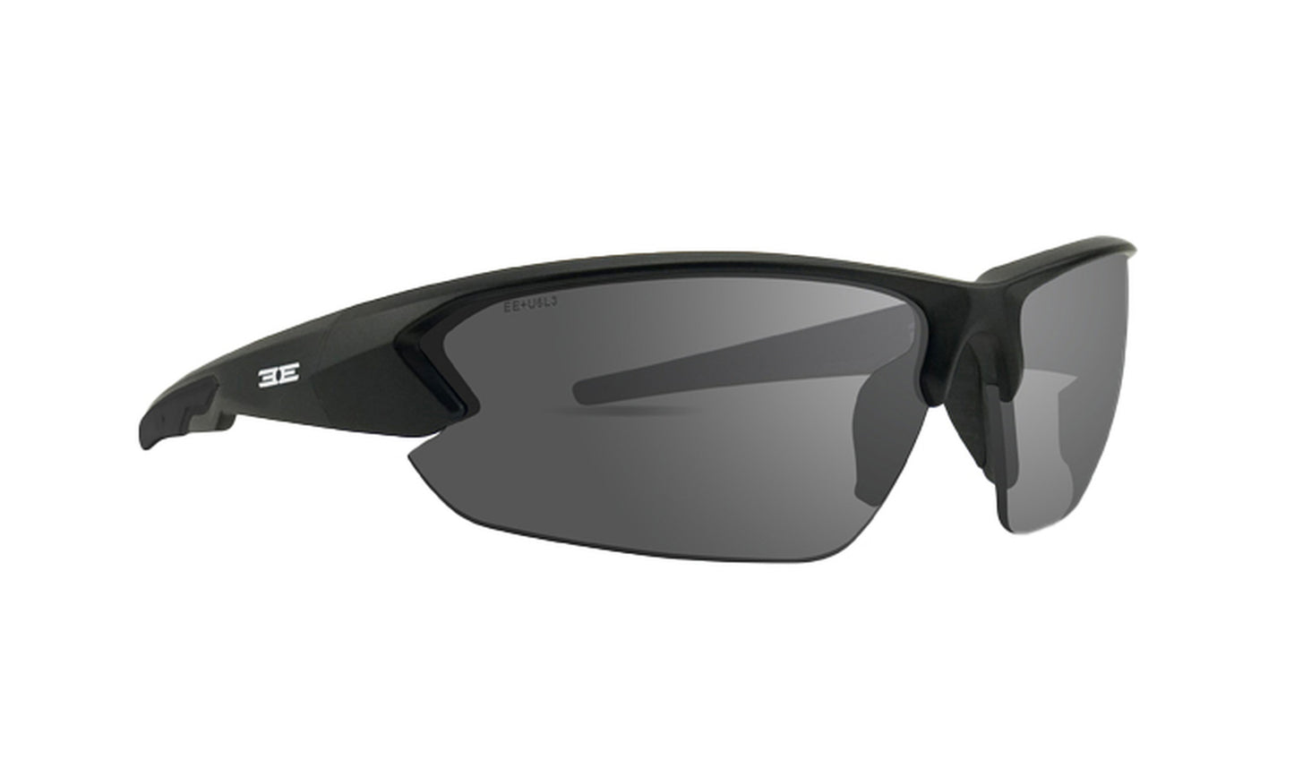 The Epoch Eyewear Midway sunglasses feature a sleek, black wraparound design with dark, semi-rimless lenses, thick angular arms, and a small white “EE” logo on the left arm for a modern, aerodynamic look.