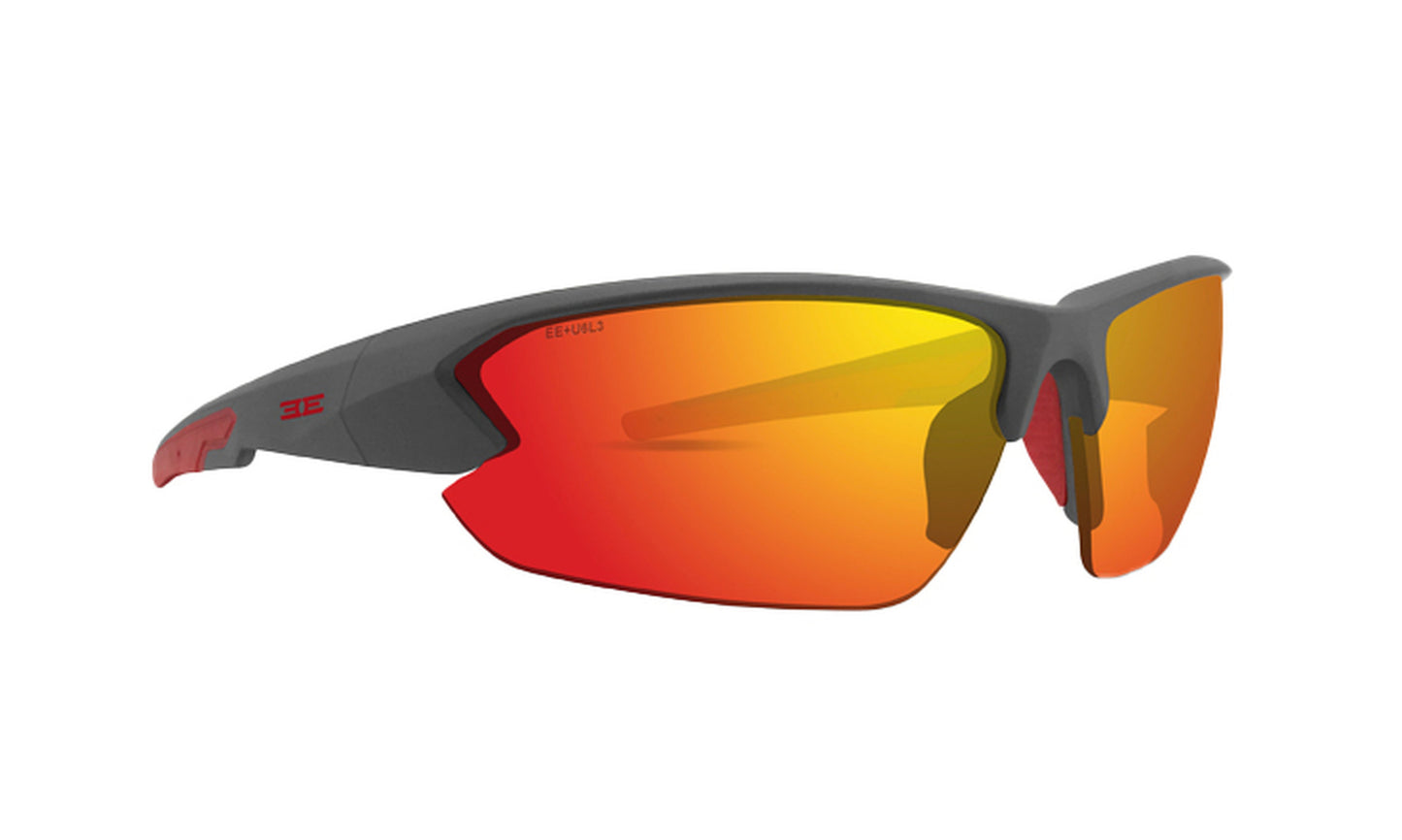The Epoch Eyewear Midway sunglasses feature a matte black wraparound frame with red-orange mirrored, shatterproof lenses for durability and full eye coverage—combining modern athletic style and reliable protection for every adventure.