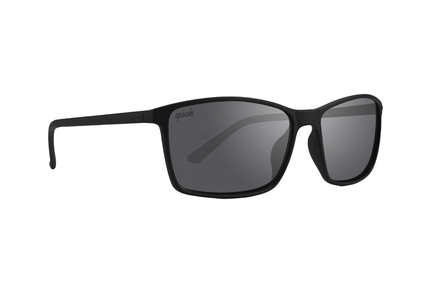 The Murphy by Epoch Eyewear are black matte polarized sunglasses with rectangular, shatterproof lenses and slim straight arms. Dark reflective lenses provide UVA/UVB protection, with "Epoch" subtly printed on the left lens. White background.