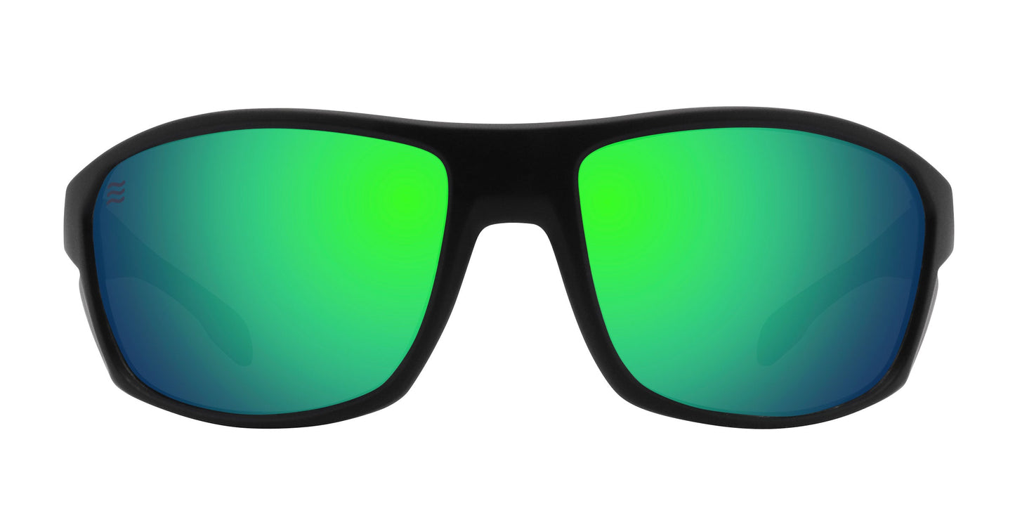The Neven Eyewear P. Steele features polarized sunglasses with a thick black frame and large, gradient UV400 lenses that shift from green to blue, shown front-facing on a white background.