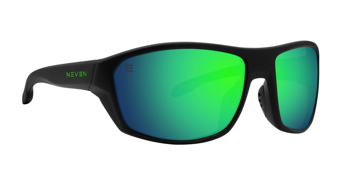 The P. Steele by Neven Eyewear are sporty black polarized sunglasses with thick frames and green mirrored, impact-resistant lenses. The left arm displays "NEVEN" in green. The wraparound design provides full UV400 protection.