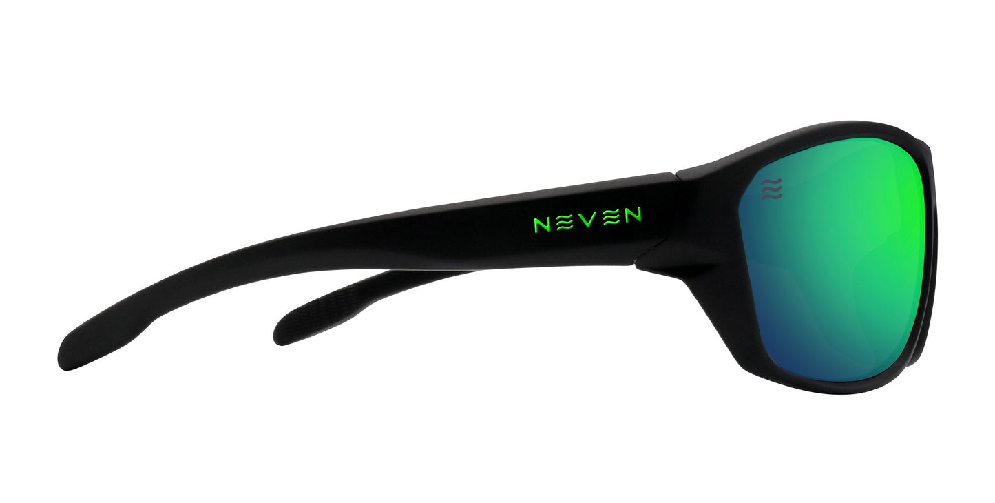 Side view of the P. Steele by Neven Eyewear: black polarized sunglasses with a thick frame, green-mirrored impact-resistant lenses, and NEVEN in green on the arm. The sporty lens curves around the ear for a modern look.