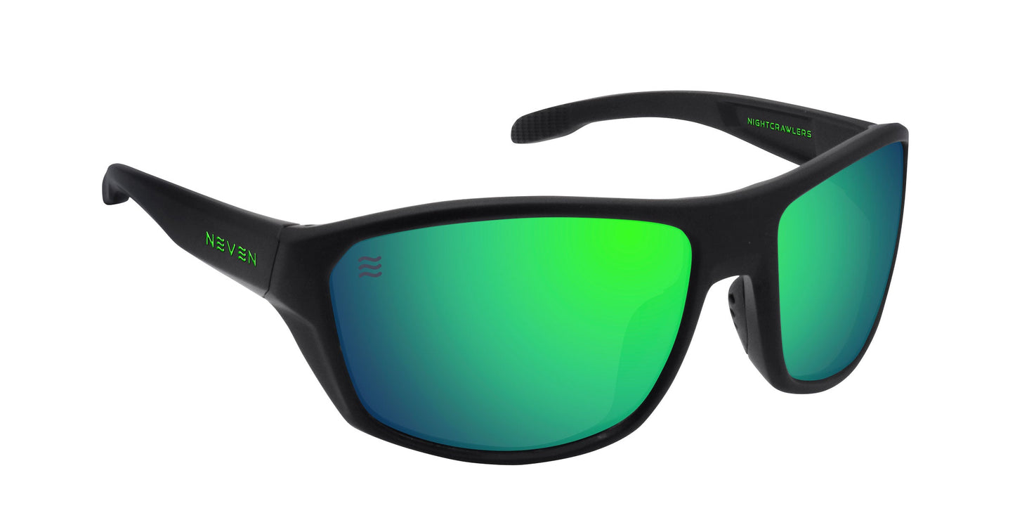 The P. Steele by Neven Eyewear are black polarized sunglasses with wide green mirrored UV400 lenses. "Neven" appears in green on the left arm. The wrapped frame and textured inner arm suit an active, outdoor lifestyle.