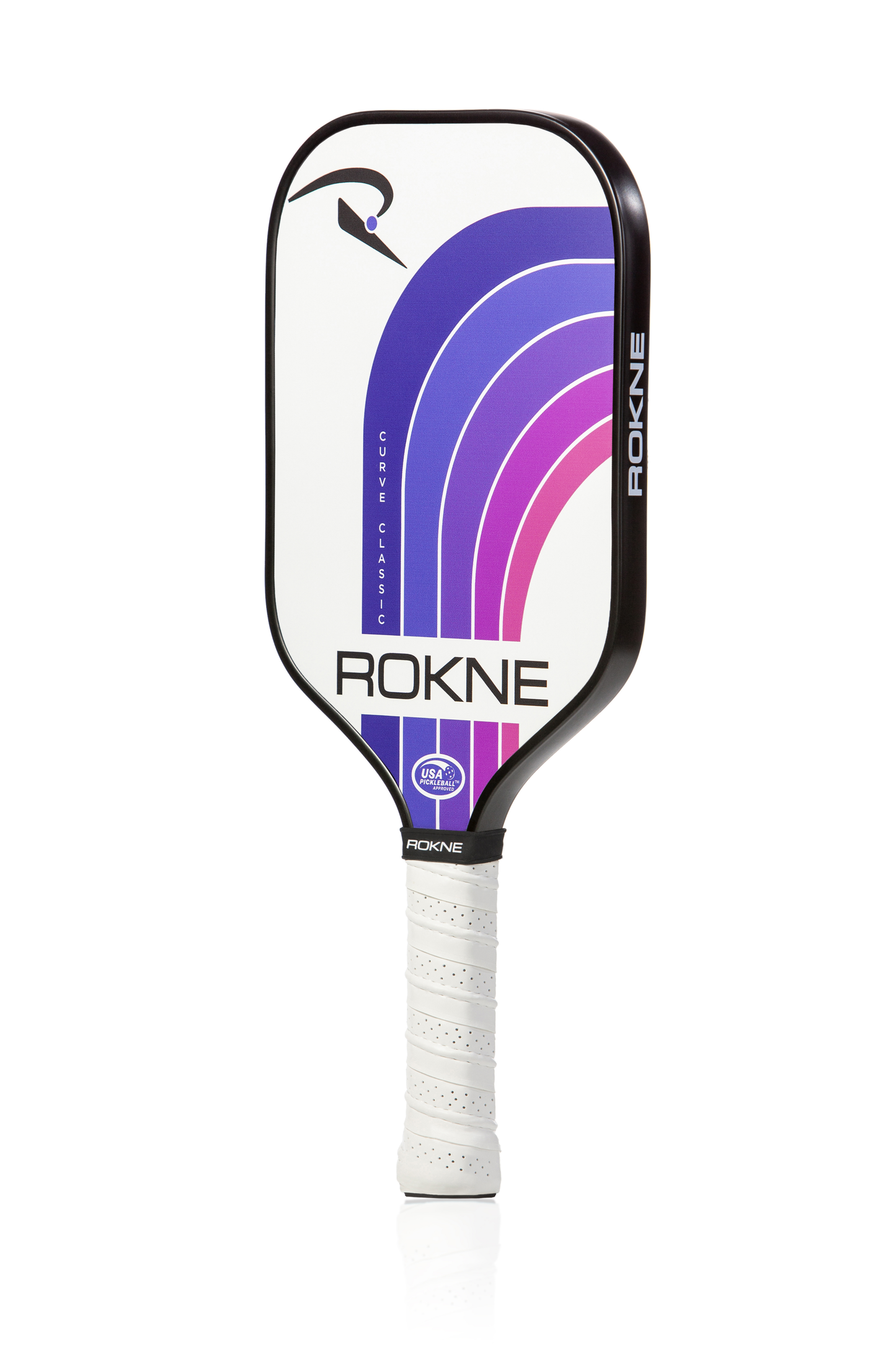 The CURVE CLASSIC ORIGINAL by ROKNE is a pickleball paddle with a polypropylene honeycomb core, white face with purple, pink, and blue arcs, bold black ROKNE logo, textured white grip handle, and PROGrit fiberglass surface for better play.