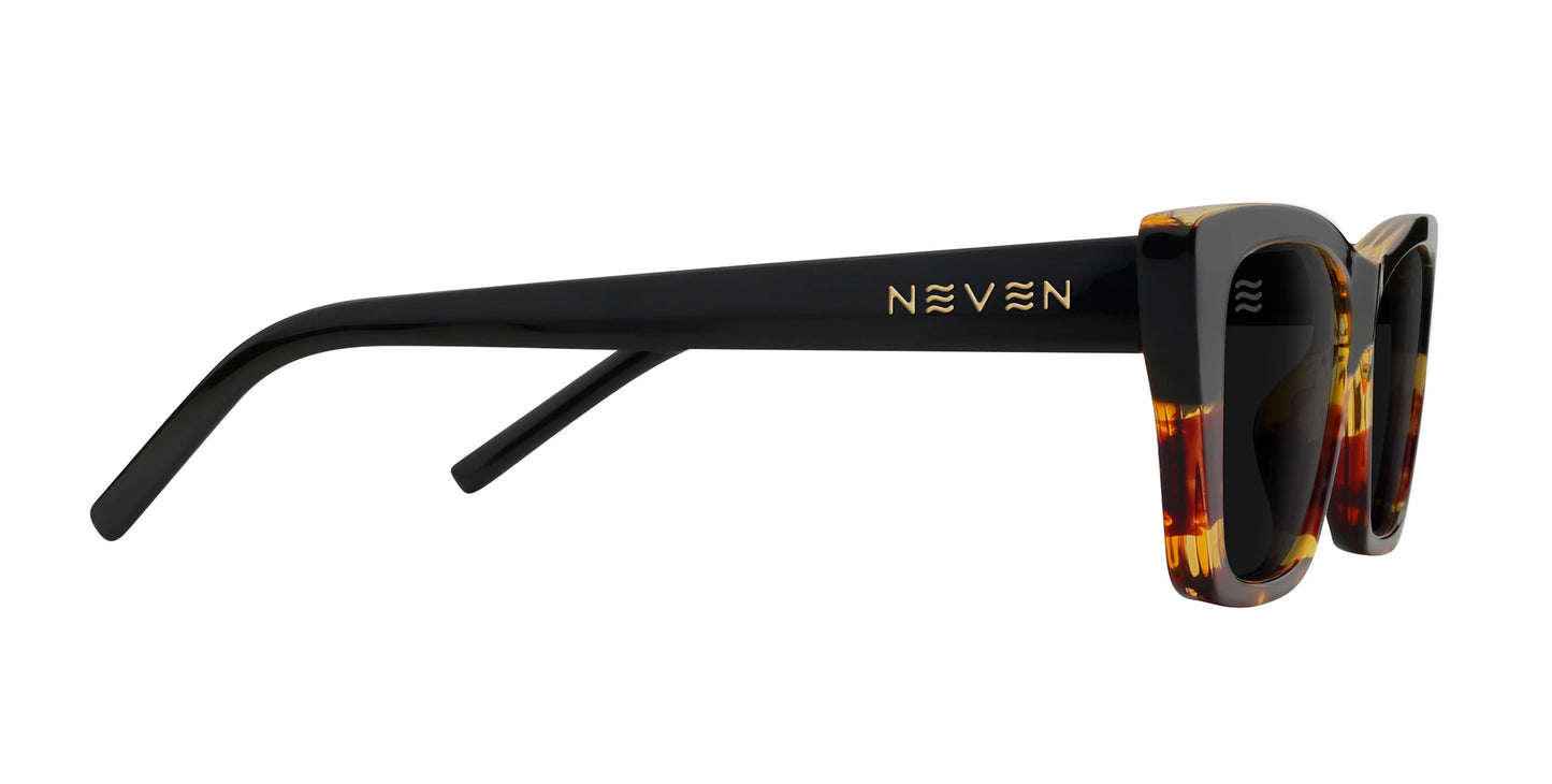 Side view of Neven Eyewear Dusk sunglasses with polarized UV400 lenses, thick glossy black arms, a rectangular black tortoise frame, and a gold NEVR logo by the hinge where the frame shifts from tortoiseshell to black.