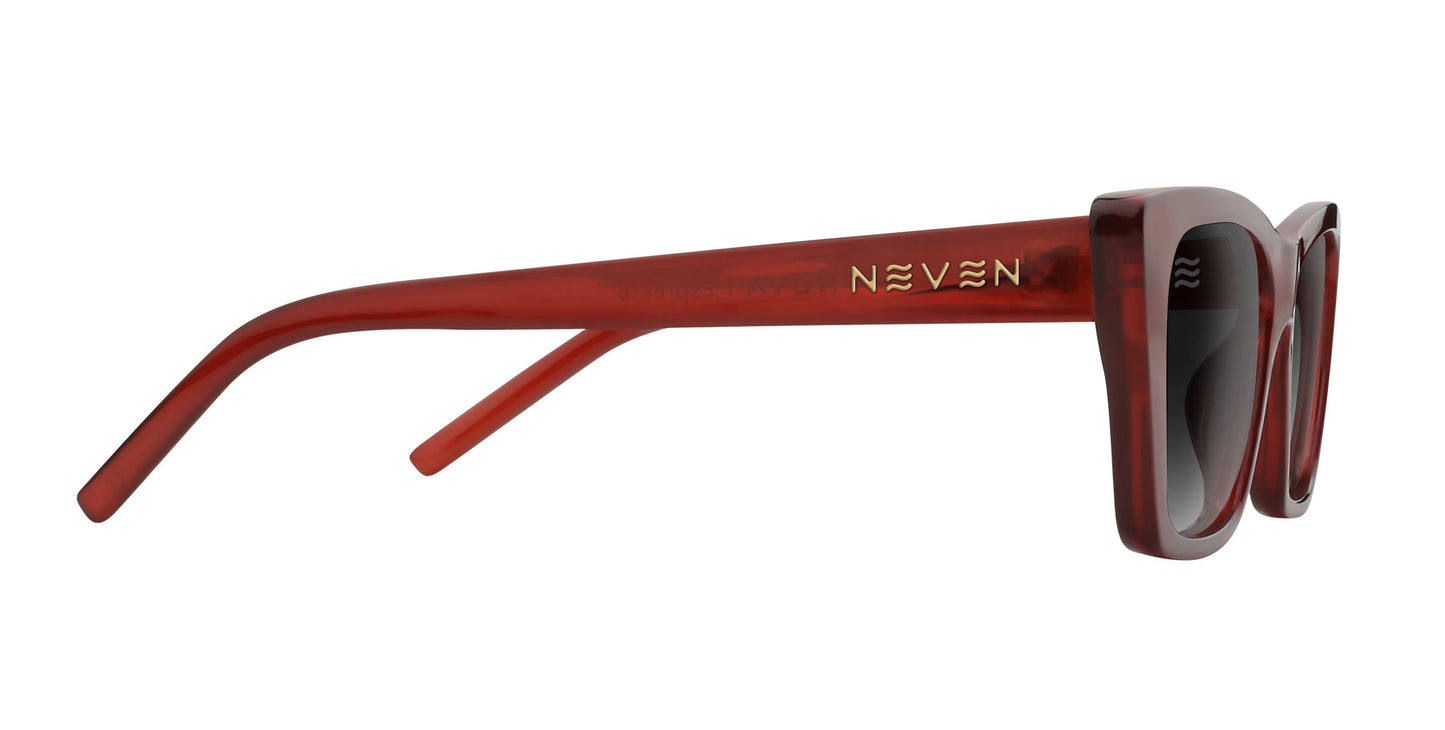 A side view of the Espresso sunglasses by Neven Eyewear, featuring a glossy rectangular frame, dark polarized UV400 lenses, and a thick modern design with “Neven” in gold on the temple arm near the hinge.
