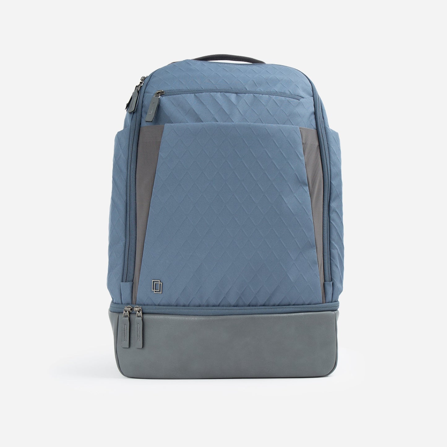The Doubletake NYC Pickleball Backpack features a blue and gray quilted diamond design, front zip pocket, paddle compartments, zippered bottom section, top handle, and side panels, shown on a plain white background.