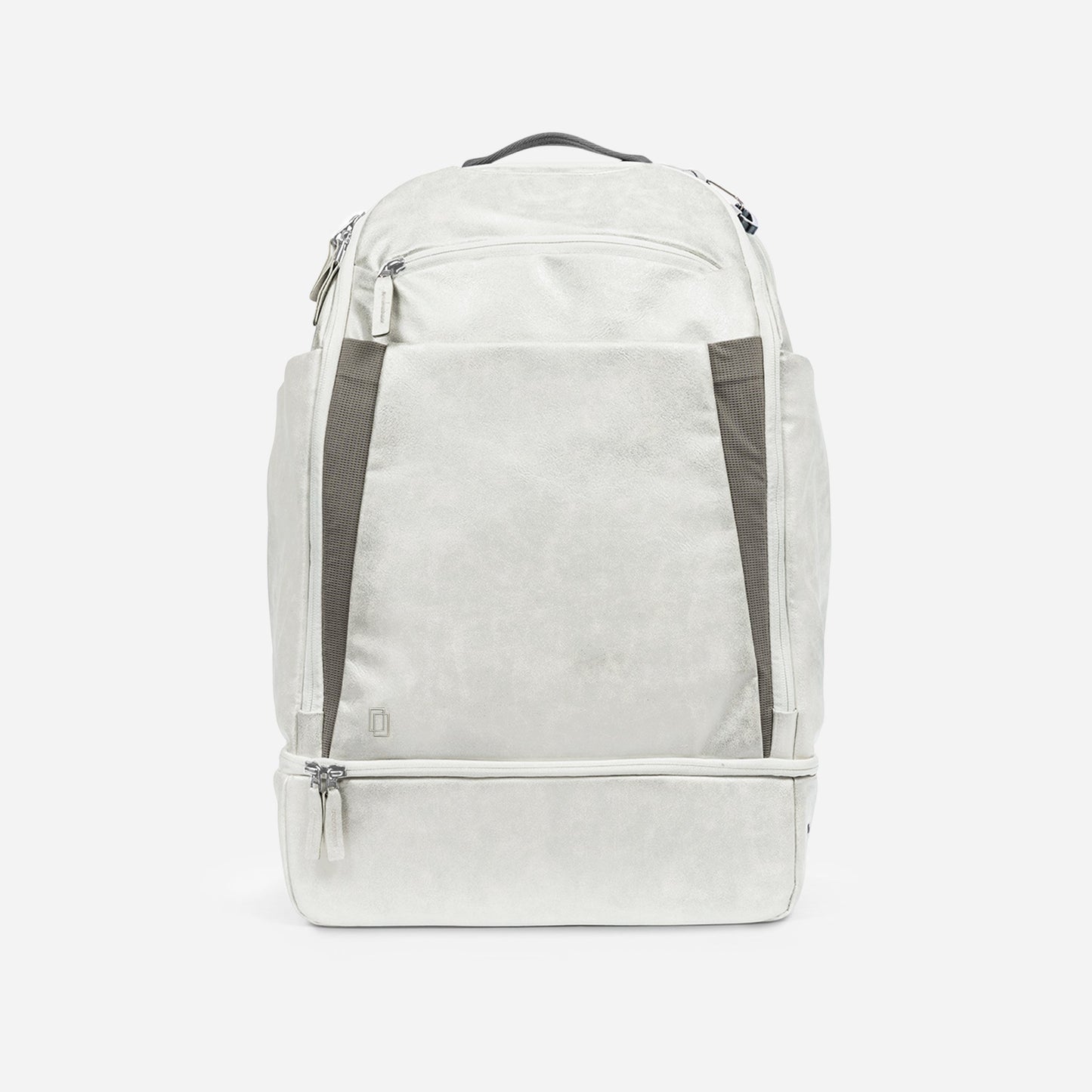 The Doubletake NYC Pickleball Backpack is a minimalist, light gray bag with two vertical dark gray stripes, multiple zippered compartments, and a rectangular shape—ideal for carrying paddles and gear. Shown against a plain white background.