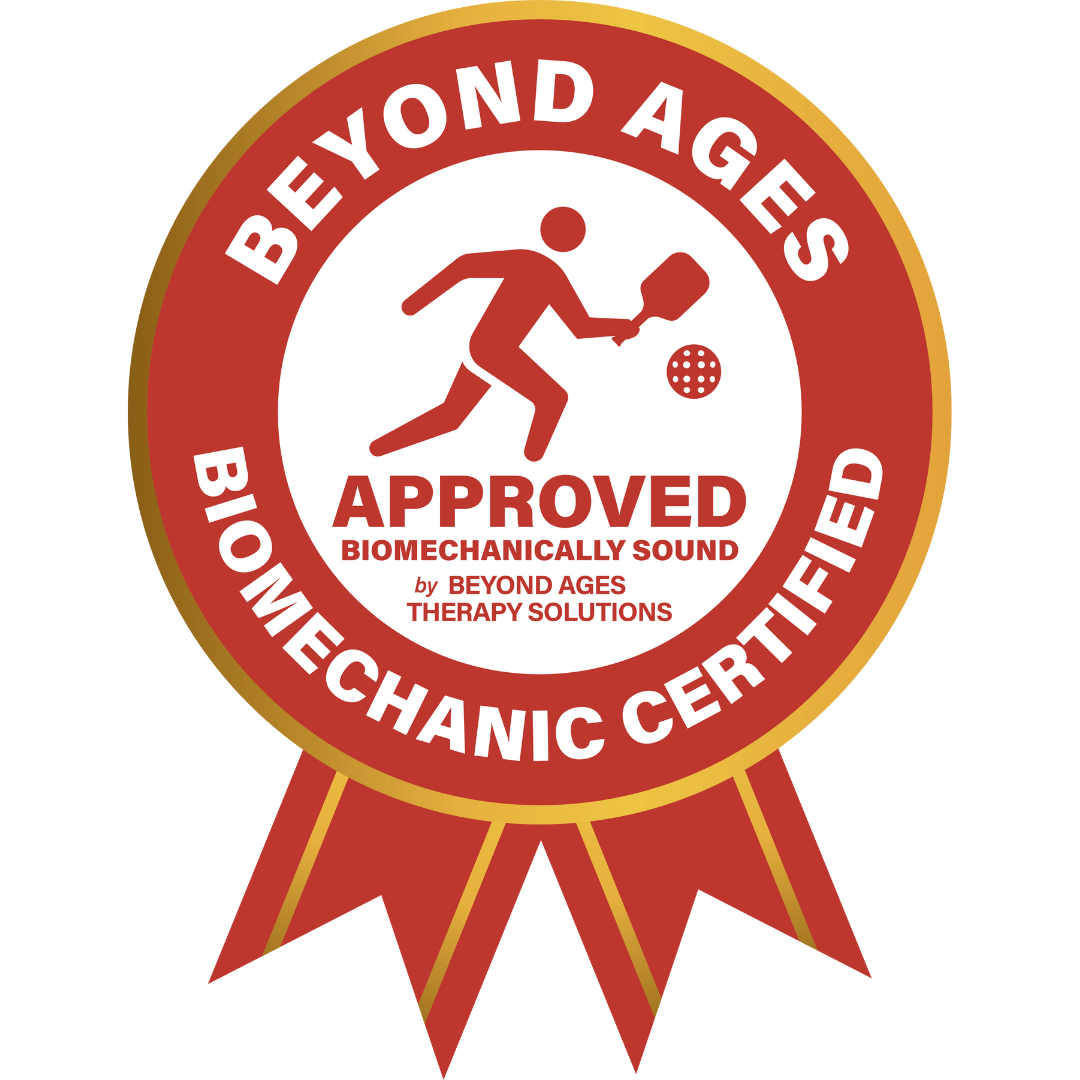 A red and gold circular ribbon badge features the Ethos Pickleball logo. It reads "Biomechanic Certified" and displays a player with an Ethos Pro Undergrip—Reduces Vibration for Pain-Free, Confident Play. Red ribbons hang below.