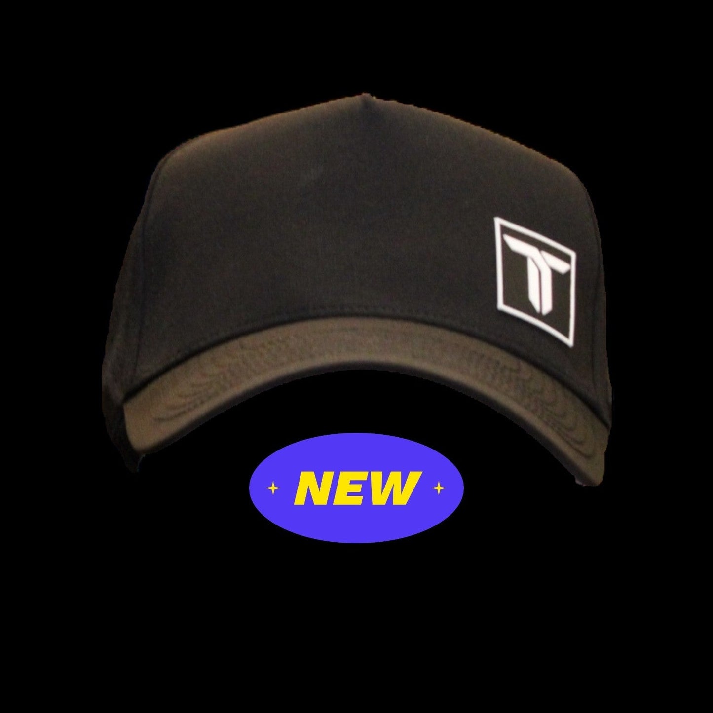 The Thrive Elite Tour Hat by Thrive Pickleball is a black luxury hat featuring a white geometric logo on the front left panel and a blue oval with yellow "NEW" text, accented by small stars on a sleek black background.