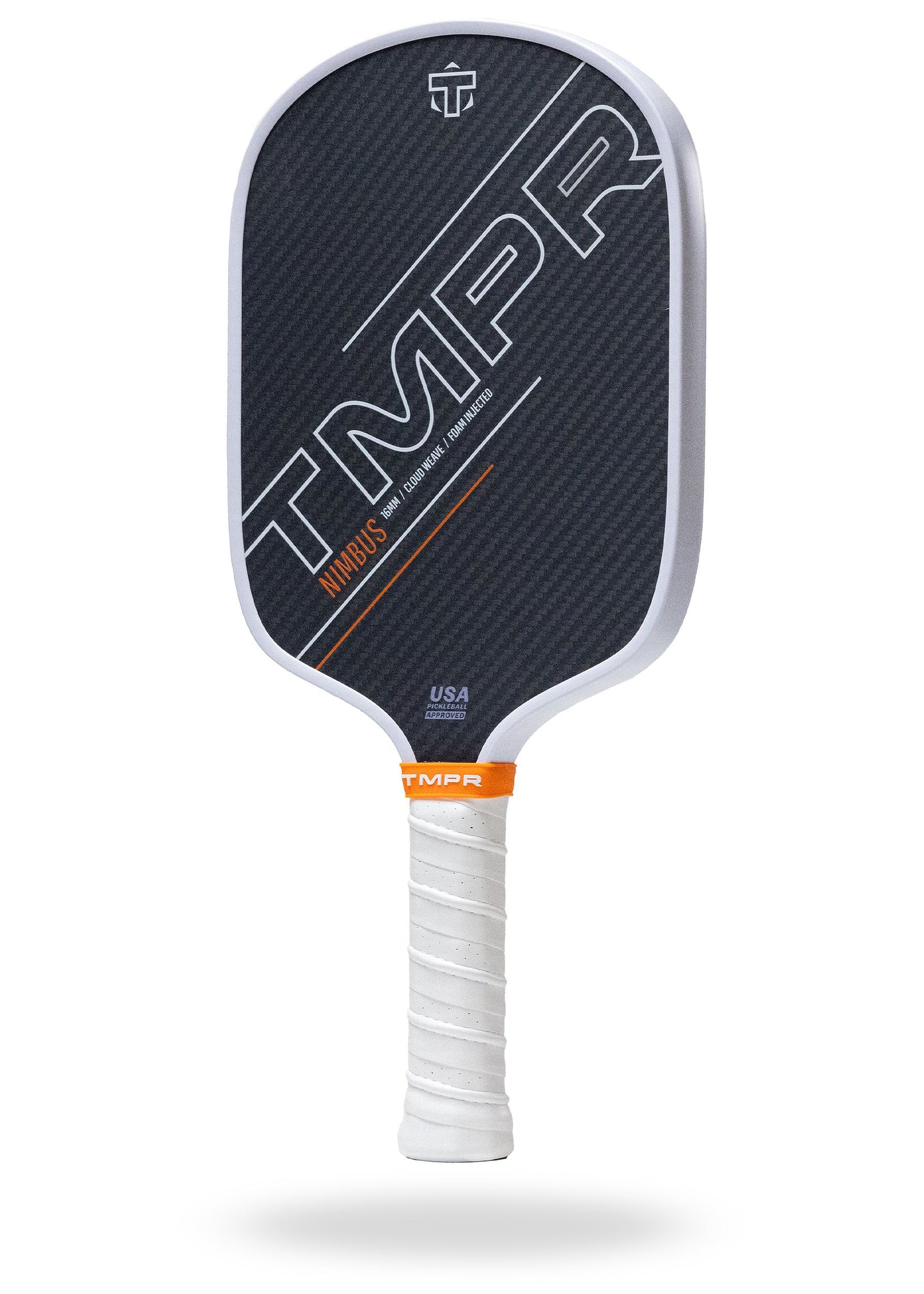 The Nimbus pickleball paddle by TMPR Sports features a black carbon-fiber face with “TMPR” in white and silver, an orange accent stripe, HAVOC text, a white edge, and a textured white grip; it has a honeycomb polypropylene core.