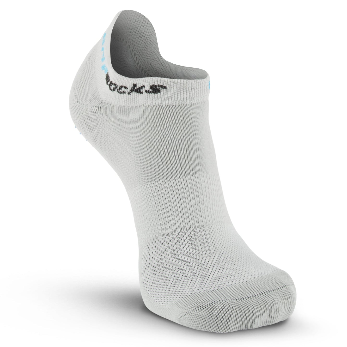 A single GripSocks Athletic Socks with Grips in light gray stands upright, featuring a darker arch band, seamless toe, black and blue cuff logo, and breathable mesh texture for sport training and everyday performance.