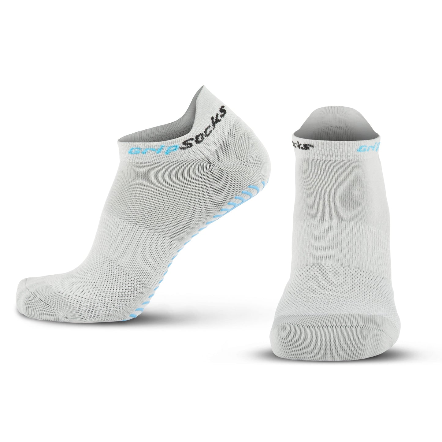Two light grey GripSocks Athletic Socks with Grips are shown: one upright, the other angled to display blue non-slip grip dots. The cuff reads “GRIP SOCKS,” and mesh zones offer ventilation for training and everyday wear.