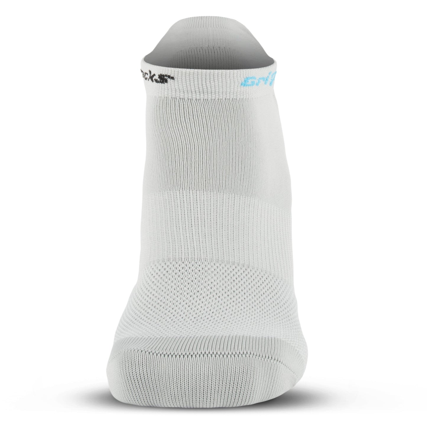 A single gray GripSocks Athletic Socks with Grips - Ankle Sock is shown upright from the front, featuring breathable mesh texture, reinforced toe and heel, and partially visible black and blue text on the cuff.