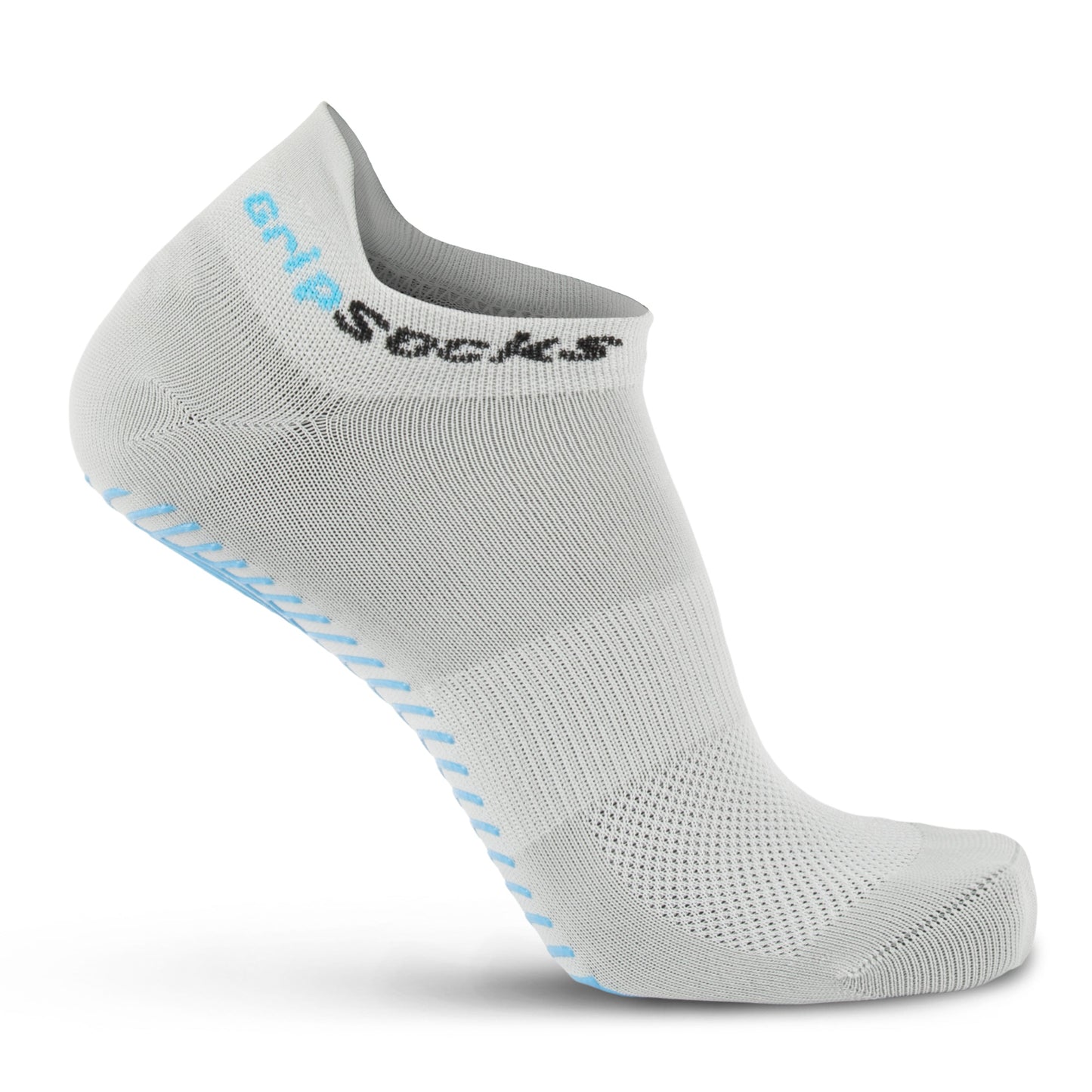 The Athletic Socks with Grips - Ankle Sock by GripSocks is shown upright against a white background. It’s light gray, features blue sole grips, ribbed mesh ventilation on top, and “GripSocks” printed in black and light blue near the cuff.