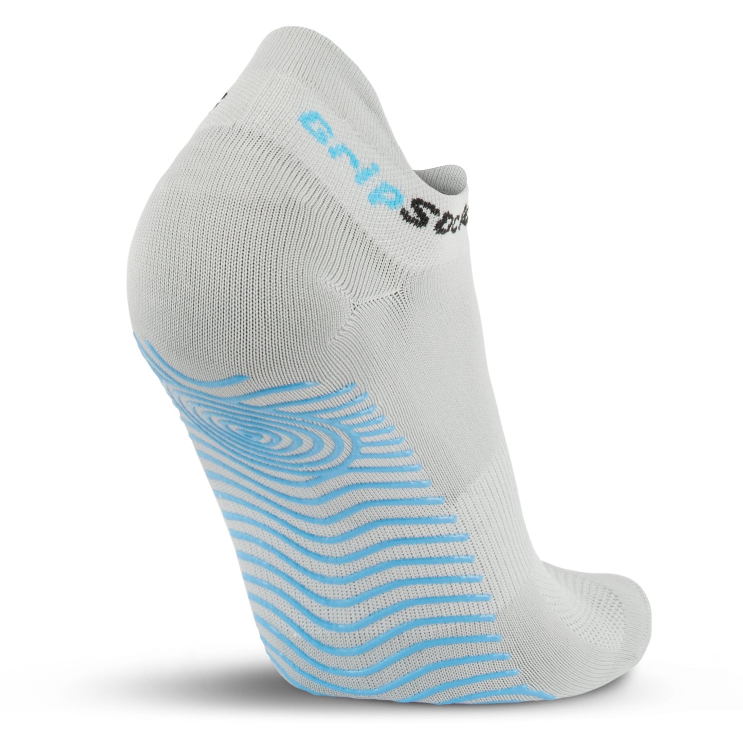 A single gray Athletic Sock with Grips by GripSocks stands upright, heel forward. The sole displays light blue wavy grip lines for traction, and GripSocks branding in black and blue is partially visible on the soft, stretchy cuff.
