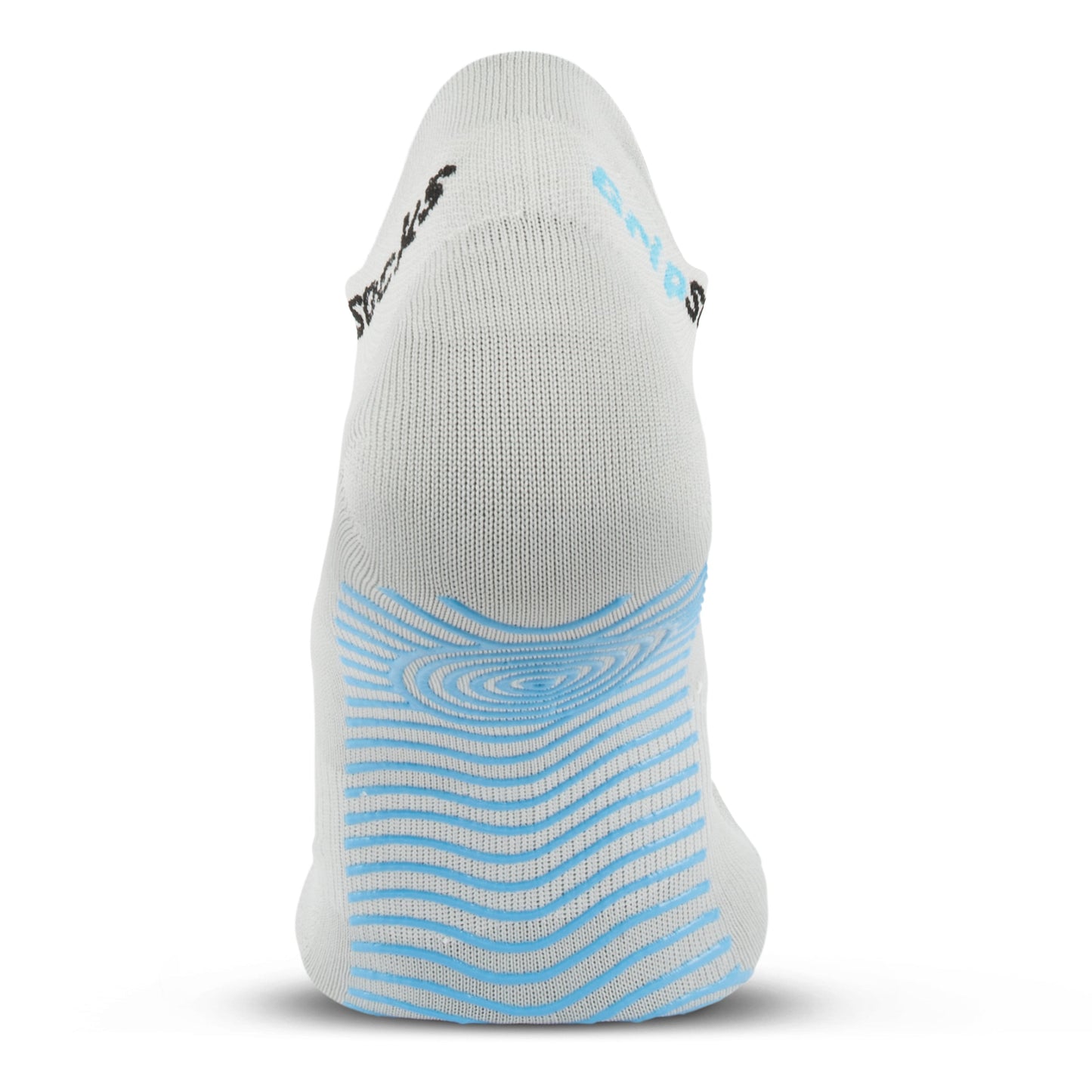 A close-up rear view of a white GripSocks Athletic Sock with light blue stripes on the heel and sole. "GripSocks" is printed near the ankle, and "arch fit" appears in light blue on the side. This anti-blister, non-slip sock is displayed upright on a white background.