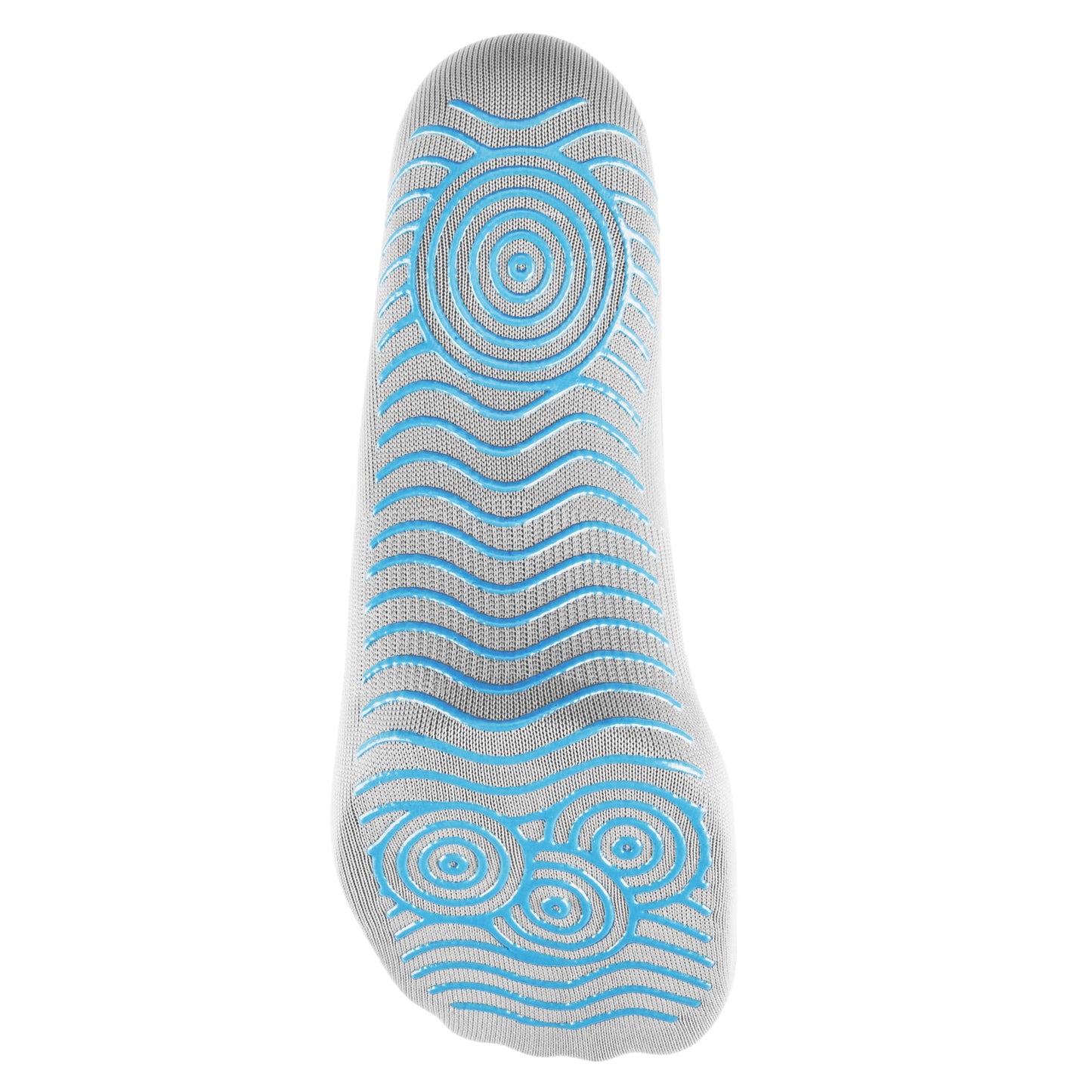 A close-up of GripSocks’ Athletic Socks with Grips shows blue rubber patterns—concentric circles at the heel and toe plus wavy lines—for enhanced traction and slip resistance, perfect for secure footing during sports or everyday wear.