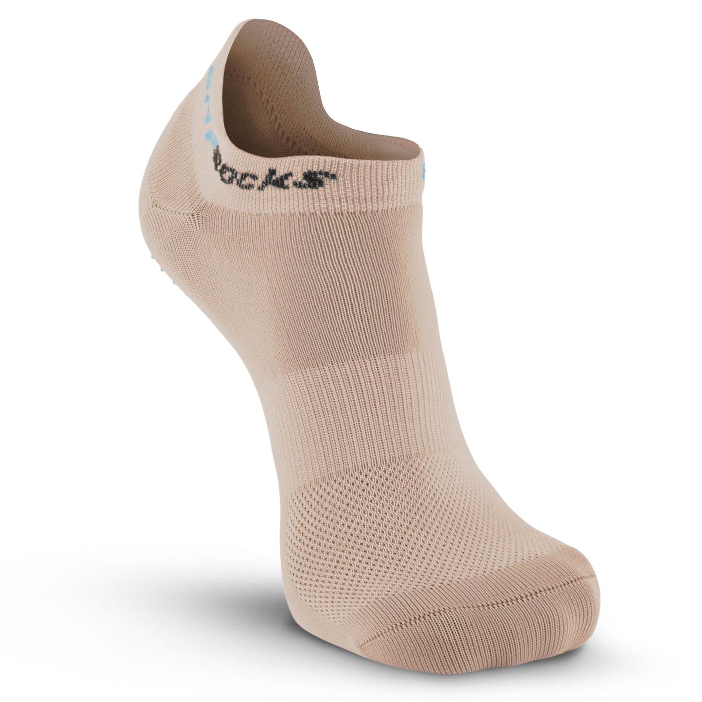 A single beige GripSocks Athletic Sock with grips is shown upright, heel raised, toe down. It has a fine knit texture, reinforced toe, subtle arch band, and black and blue branding along the ankle opening.