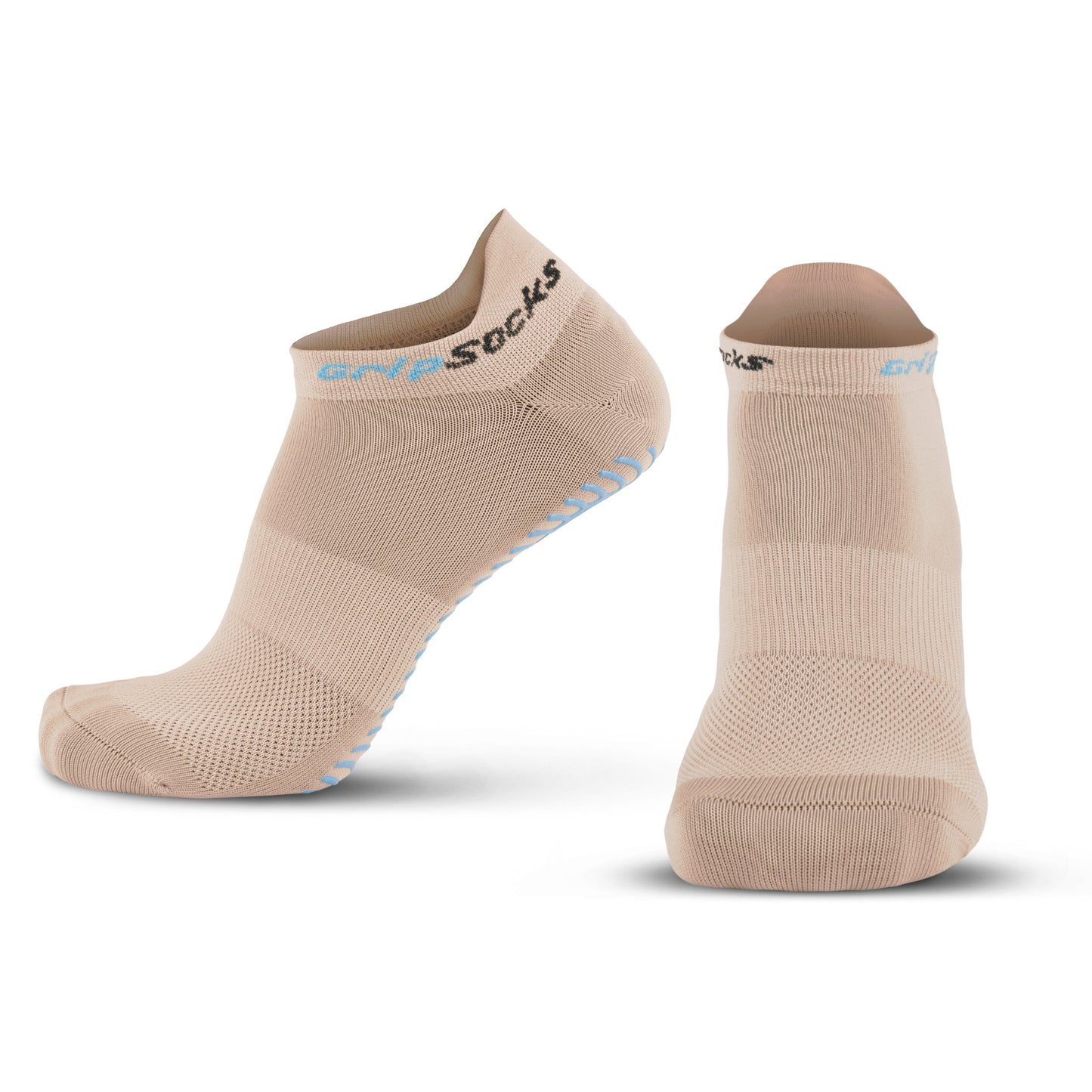 A pair of beige GripSocks Athletic Socks with Grips is shown: one upright to display the front and “Grip Socks” cuff print, another angled showing blue grip dots and mesh ventilation panels for comfort—ideal for sport training and everyday use.