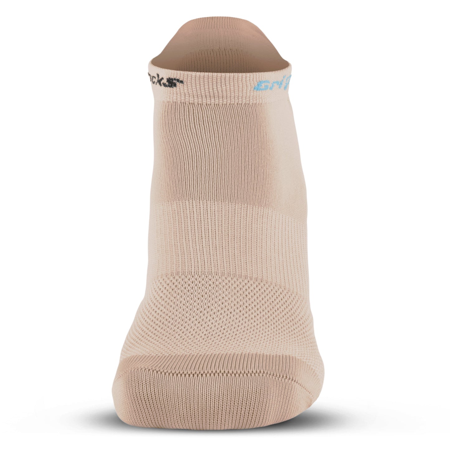A single beige "GripSocks" Athletic Sock with Grips is shown upright, toe forward. It has a close-knit mesh top, a smooth elastic ankle band with subtle blue and black branding, and is set against a plain white background.