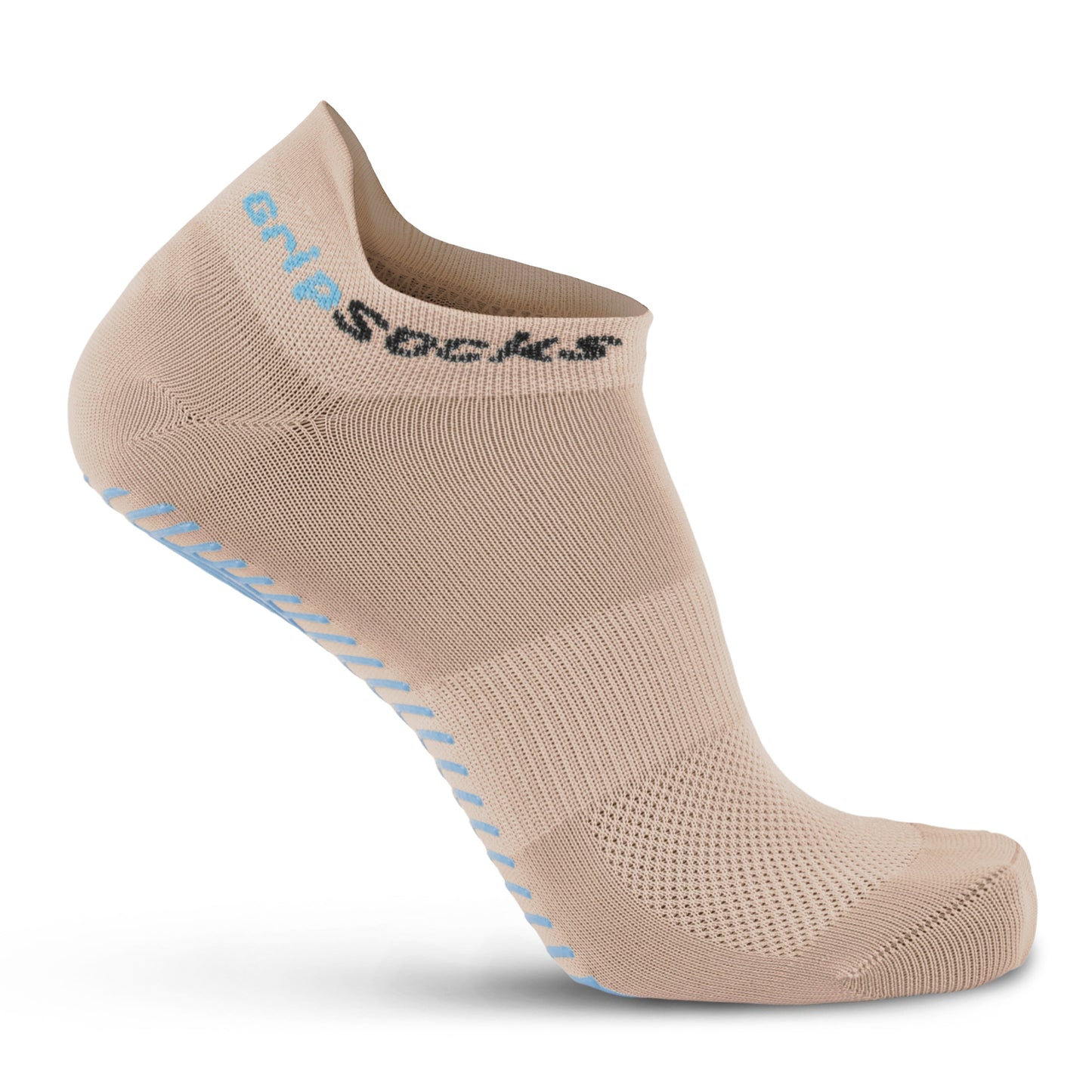 The GripSocks Athletic Socks with Grips - Ankle Sock in beige features light blue sole grips, mesh ventilation on top, and the GripSocks logo near the cuff. Shown on a mannequin foot against a white background.