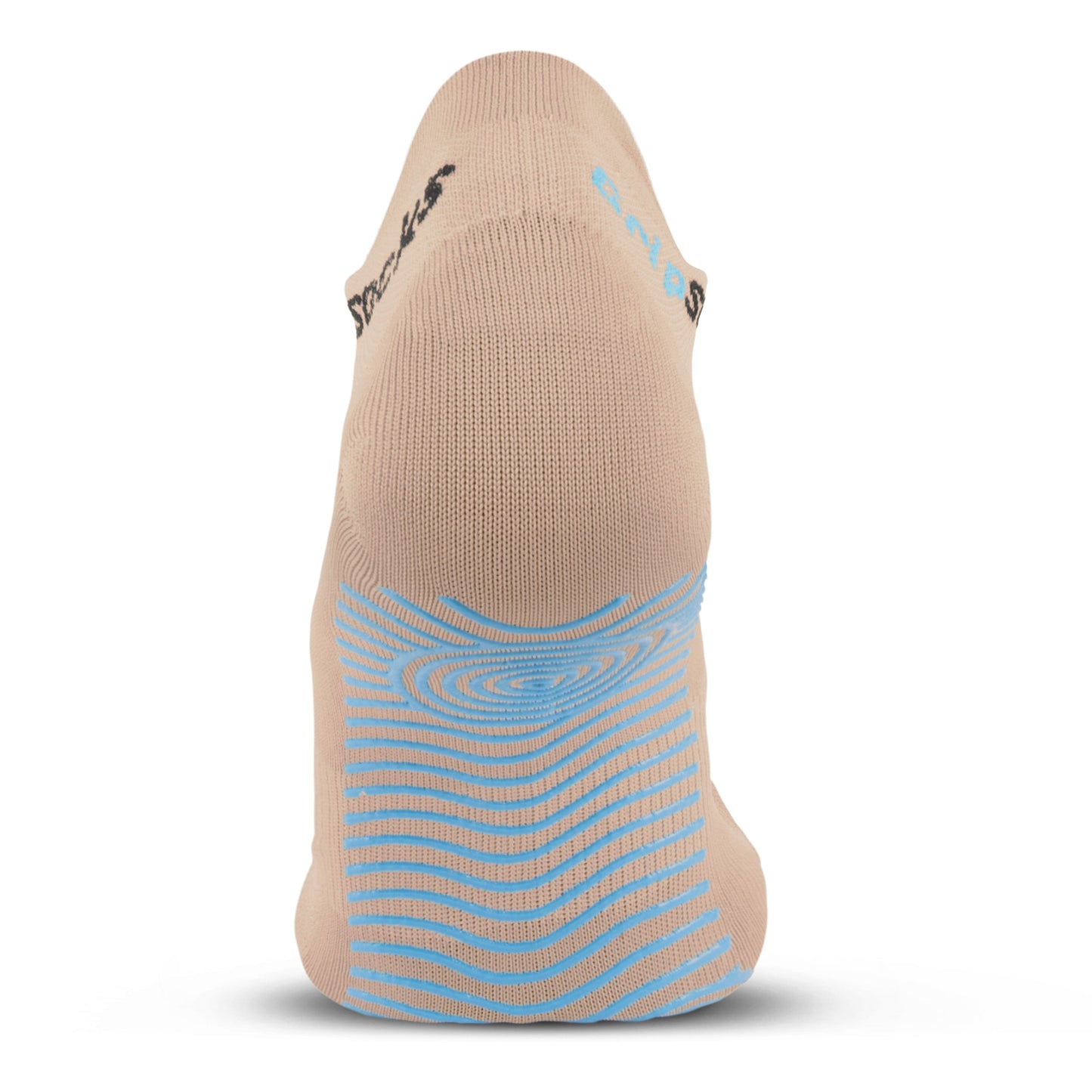 A beige Athletic Sock with Grips by GripSocks is shown from the heel. Blue grip strips offer a secure fit, ideal for sports or blister prevention. The seamless design features small black and blue text near the top on a white background.
