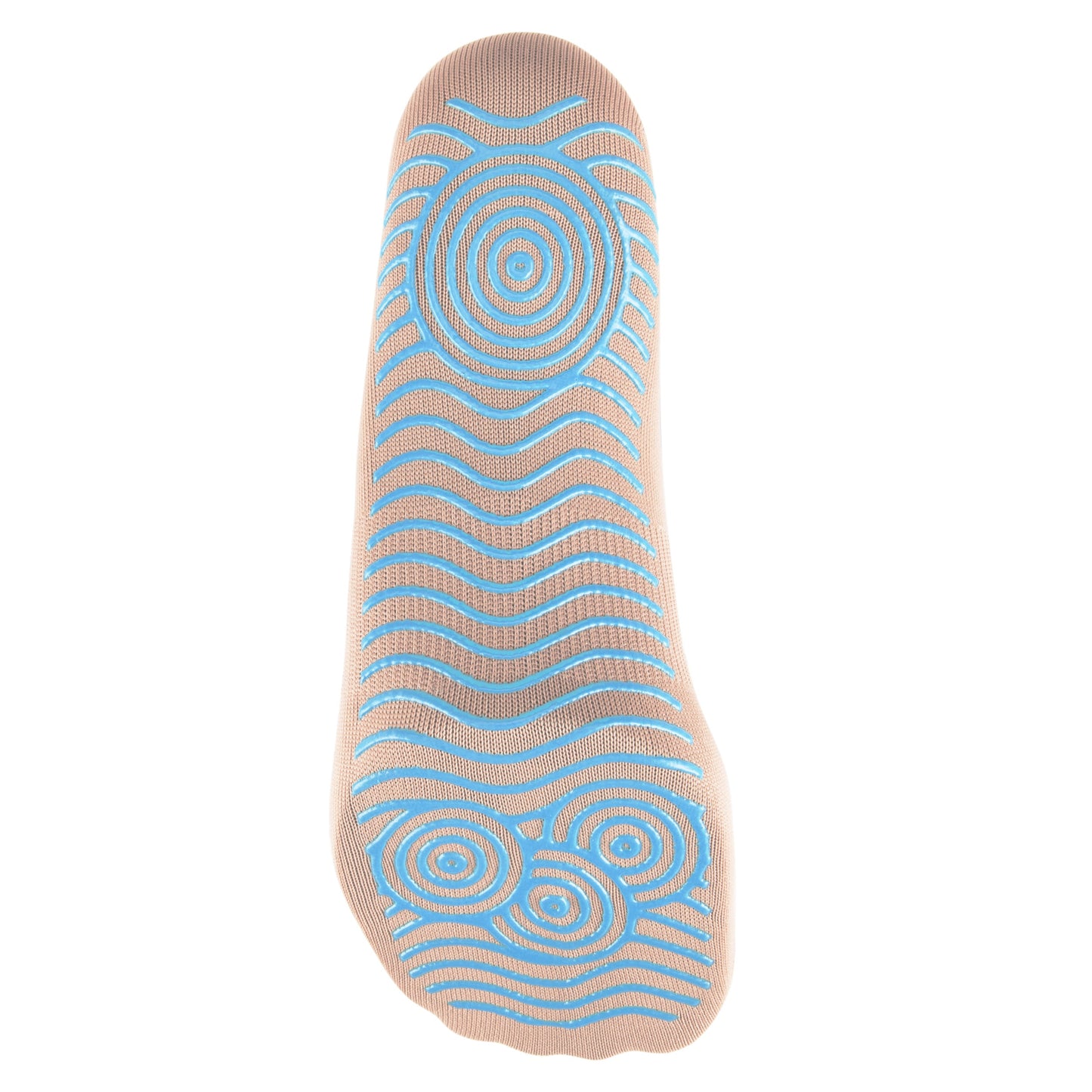 GripSocks Athletic Socks with Grips feature turquoise non-slip wavy lines and circles on the beige sole for traction. The breathable mesh-like knit fabric makes these sport training socks ideal for comfort during everyday activities.